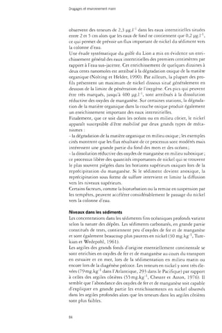 Dragages et environnement marin 
observent des teneurs de 2,3 ug.l"1 dans les eaux interstitielles situées 
entre 2 et 5 cm alors que les eaux de fond ne contiennent que 0,2 ug.l , 
ce qui permet de prévoir un flux important de nickel du sédiment vers 
la colonne d'eau. 
Une étude systématique du golfe du Lion a mis en évidence un enri­chissement 
général des eaux interstitielles des premiers centimètres par 
rapport à l'eau sus-jacente. Cet enrichissement de quelques dizaines à 
deux cents nanomoles est attribué à la dégradation oxique de la matière 
organique (Nolting et Helder, 1990). Par ailleurs, la plupart des pro­fils 
présentent un maximum de nickel dissous situé généralement en 
dessous de la limite de pénétration de l'oxygène. Ces pics qui peuvent 
être très marqués, jusqu'à 400 ug.l"1, sont attribués à la dissolution 
reductive des oxydes de manganèse. Sur certaines stations, la dégrada­tion 
de la matière organique dans la couche oxique produit également 
un enrichissement important des eaux interstitielles. 
Finalement, que ce soit dans les océans ou en milieu côtier, le nickel 
apparaît susceptible d'être mobilisé par deux grands types de méca­nismes 
: 
- la dégradation de la matière organique en milieu oxique ; les exemples 
cités montrent que les flux résultant de ce processus sont modérés mais 
intéressent une grande partie du fond des mers et des océans ; 
- la dissolution reductive des oxydes de manganèse en milieu suboxique ; 
ce processus libère des quantités importantes de nickel qui se trouvent 
le plus souvent piégées dans les horizons supérieurs oxiques lors de la 
reprécipitation du manganèse. Si le sédiment devient anoxique, la 
reprécipitation sous forme de sulfure intervient et limite la diffusion 
vers les niveaux supérieurs. 
Certains facteurs, comme la bioturbation ou la remise en suspension par 
les tempêtes, peuvent accélérer considérablement le passage du nickel 
vers la colonne d'eau. 
Niveaux dans les sédiments 
Les concentrations dans les sédiments fins océaniques profonds varient 
selon la nature des dépôts. Les sédiments carbonates, en grande partie 
constitués de tests, contiennent peu d'oxydes de fer et de manganèse 
et sont également beaucoup plus pauvres en nickel (30 mg.kg"1, Ture-kian 
et Wedepohl, 1961). 
Les argiles des grands fonds d'origine essentiellement continentale se 
sont enrichies en oxydes de fer et de manganèse au cours du transport 
en estuaire et en mer, lors de la sédimentation en milieu marin ou 
encore lors de la diagénèse précoce. Les teneurs en nickel y sont très éle­vées 
(79 mg.kg"1 dans l'Atlantique, 293 dans le Pacifique) par rapport 
à celles des argiles côtières (55 mg.kg"1, Chester et Aston, 1976). Il 
semble que l'abondance des oxydes de fer et de manganèse soit capable 
d'expliquer en grande partie les enrichissements en nickel observés 
dans les argiles profondes alors que les teneurs dans les argiles côtières 
sont plus faibles. 
84 
 