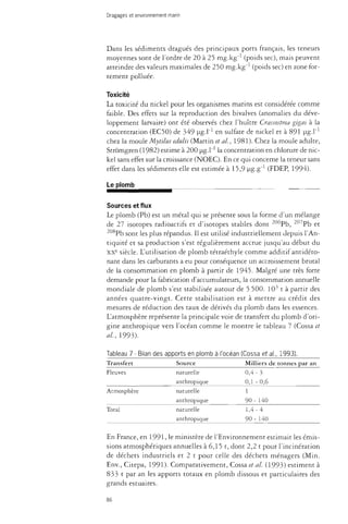 Dragages et environnement marin 
Dans les sédiments dragués des principaux ports français, les teneurs 
moyennes sont de l'ordre de 20 à 25 mg.kg"1 (poids sec), mais peuvent 
atteindre des valeurs maximales de 250 mg.kg"1 (poids sec) en zone for­tement 
polluée. 
Toxicité 
La toxicité du nickel pour les organismes marins est considérée comme 
faible. Des effets sur la reproduction des bivalves (anomalies du déve­loppement 
larvaire) ont été observés chez l'huître Crassostrea gigas à la 
concentration (EC50) de 349 ug.l"1 en sulfate de nickel et à 891 ug.l"1 
chez la moule Mytilus edulis (Martin et al., 1981). Chez la moule adulte, 
Stromgren (1982) estime à 200 ug.l"1 la concentration en chlorure de nic­kel 
sans effet sur la croissance (NOEC). En ce qui concerne la teneur sans 
effet dans les sédiments elle est estimée à 15,9 ug.g"1 (FDEP, 1994). 
Le plomb 
Sources et flux 
Le plomb (Pb) est un métal qui se présente sous la forme d'un mélange 
de 27 isotopes radioactifs et d'isotopes stables dont Pb, 207Pb et 
208Pb sont les plus répandus. Il est utilisé industriellement depuis l'An­tiquité 
et sa production s'est régulièrement accrue jusqu'au début du 
XXe siècle. L'utilisation de plomb tétraéthyle comme additif antidéto­nant 
dans les carburants a eu pour conséquence un accroissement brutal 
de la consommation en plomb à partir de 1945. Malgré une très forte 
demande pour la fabrication d'accumulateurs, la consommation annuelle 
mondiale de plomb s'est stabilisée autour de 5 500. 103 t à partir des 
années quatre-vingt. Cette stabilisation est à mettre au crédit des 
mesures de réduction des taux de dérivés du plomb dans les essences. 
L'atmosphère représente la principale voie de transfert du plomb d'ori­gine 
anthropique vers l'océan comme le montre le tableau 7 (Cossa et 
al, 1993). 
Tableau 7 - Bilan des apports en plomb à l'océan (Cossa et ai, 1993). 
Transfert 
Fleuves 
Atmosphère 
Total 
Source 
naturelle 
anthropique 
naturelle 
anthropique 
naturelle 
anthropique 
Milliers de tonnes par an 
0,4 - 3 
0,1 -0,6 
1 
90 - 140 
1,4-4 
90 - 140 
En France, en 1991, le ministère de l'Environnement estimait les émis­sions 
atmosphériques annuelles à 6,15 t, dont 2,2 t pour l'incinération 
de déchets industriels er 2 r pour celle des déchers ménagers (Min. 
Env., Citepa, 1991). Comparativement, Cossa et al. (1993) estiment à 
833 t par an les apports totaux en plomb dissous et particulaires des 
grands estuaires. 
86 
 