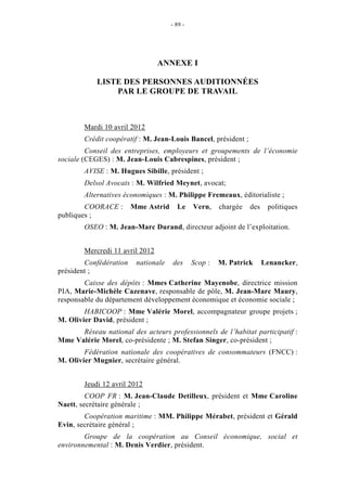 - 89 -




                                 ANNEXE I

            LISTE DES PERSONNES AUDITIONNÉES
                PAR LE GROUPE DE TRAVAIL



        Mardi 10 avril 2012
        Crédit coopératif : M. Jean-Louis Bancel, président ;
         Conseil des entreprises, employeurs et groupements de l’économie
sociale (CEGES) : M. Jean-Louis Cabrespines, président ;
        AVISE : M. Hugues Sibille, président ;
        Delsol Avocats : M. Wilfried Meynet, avocat;
        Alternatives économiques : M. Philippe Fremeaux, éditorialiste ;
        COORACE :       Mme Astrid     Le     Vern,    chargée   des    politiques
publiques ;
        OSEO : M. Jean-Marc Durand, directeur adjoint de l’exploitation.


        Mercredi 11 avril 2012
        Confédération    nationale   des      Scop :   M. Patrick      Lenancker,
président ;
        Caisse des dépôts : Mmes Catherine Mayenobe, directrice mission
PIA, Marie-Michèle Cazenave, responsable de pôle, M. Jean-Marc Maury,
responsable du département développement économique et économie sociale ;
        HABICOOP : Mme Valérie Morel, accompagnateur groupe projets ;
M. Olivier David, président ;
      Réseau national des acteurs professionnels de l’habitat participatif :
Mme Valérie Morel, co-présidente ; M. Stefan Singer, co-président ;
        Fédération nationale des coopératives de consommateurs (FNCC) :
M. Olivier Mugnier, secrétaire général.


        Jeudi 12 avril 2012
         COOP FR : M. Jean-Claude Detilleux, président et Mme Caroline
Naett, secrétaire générale ;
        Coopération maritime : MM. Philippe Mérabet, président et Gérald
Evin, secrétaire général ;
        Groupe de la coopération au Conseil économique, social et
environnemental : M. Denis Verdier, président.
 