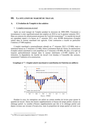 LE SALAIRE MINIMUM INTERPROFESSIONNEL DE CROISSANCE




III. LA SITUATION DU MARCHÉ DU TRAVAIL

A.         L’évolution de l’emploi et des salaires

       1. L’emploi à nouveau en recul

     Après un recul marqué de l’emploi pendant la récession de 2008-2009, l’économie a
recommencé à créer significativement des emplois en 2010 et sur le premier semestre 2011.
Dans un contexte de ralentissement prononcé de l’activité économique25, le marché du travail
est cependant reparti à la baisse au 2e semestre 2011, avec 40 000 destructions d’emploi
salarié dans le secteur marchand non agricole. Cette contraction a touché en particulier
l’intérim (-37 000 emplois).

    L’emploi marchand a ponctuellement rebondi au 1er trimestre 2012 (+22 800), mais a
nettement baissé au 2e trimestre (-22 400). Selon l’estimation flash de l’Insee, les destructions
d’emploi salarié marchand se sont amplifiées au 3e trimestre (-50 400). De plus, si le repli est
toujours particulièrement marqué dans le secteur intérimaire (-32 800 emplois au 3e
trimestre), la dégradation du marché du travail s’est étendue à l’ensemble des secteurs,
notamment l’industrie et la construction.


      Graphique n° 7 : Emploi salarié marchand et contribution de l'intérim (en milliers)
                        200

                                                          intérim
                        150
                                                          emploi hors intérim

                                                          emploi salarié des secteurs principalement marchands
                        100


                         50


                          0


                         -50


                        -100


                        -150

                                Source : Insee, calculs DG Trésor
                        -200
                               T1 T2 T3 T4 T1 T2 T3 T4 T1 T2 T3 T4 T1 T2 T3 T4 T1 T2 T3 T4 T1 T2 T3 T4
                                   2007        2008        2009        2010        2011        2012

                                                                    Source : INSEE

   Pendant la crise, les entreprises ont utilisé un certain nombre de leviers pour ajuster la
quantité de travail : baisse des heures supplémentaires et hausse du temps partiel, recours au
chômage partiel. Le nombre d’heures supplémentaires par tête et le chômage partiel sont
depuis revenus aux niveaux d’avant-crise, mais la proportion de temps partiel est resté à un



25
     Le PIB est en quasi-stagnation depuis le 2e trimestre 2011.




                                                                            37
 