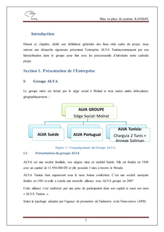 Mise en place de système KANBAN
3
Introduction
Durant ce chapitre, dédié aux définitions générales des lieux etdu cadre du projet, nous
suivons une démarche rigoureuse présentant l’entreprise ALVA Tunisiacommençant par son
hiérarchisation dans le groupe pour finir avec les processusafin d’introduire notre cadredu
projet.
Section 1. Présentation de l’Entreprise
I- Groupe ALVA
Le groupe mère est formé par le siège social à Molnal et trois autres unités délocalisées
géographiquement :
Figure 1 : l’organigramme du Groupe ALVA.
I.1- Présentation du groupe ALVA
ALVA est une société familiale, son siègese situe en moIdal Suède. Elle est fondée en 1948
avec un capital de 11.950.000 DT et elle possède 3 sites à travers le Monde.
ALVA Tunisia était auparavant sous le nom Ariana confection. C’est une société anonyme
fondée en 1981 et celle a conclu une nouvelle alliance avec ALVA groupe en 2007
Cette alliance s’est renforcée par une prise de participation dans son capital et aussi son nom
« ALVA Tunisia ».
Selon la typologie adoptée par l’agence de promotion de l’industrie et de l’innovation (APII)
ALVA GROUPE
Siége Social: Molnal
ALVA Suède ALVA Portugual
ALVA Tunisia:
Charguia 2 Tunis +
Annexe Soliman
 