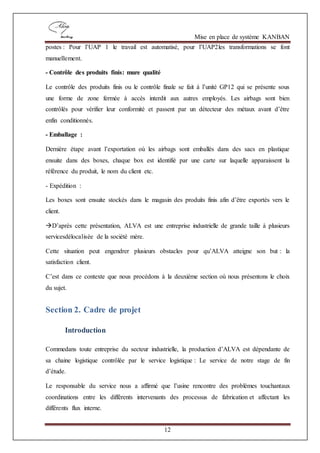 Mise en place de système KANBAN
12
postes : Pour l’UAP 1 le travail est automatisé, pour l’UAP2les transformations se font
manuellement.
- Contrôle des produits finis: mure qualité
Le contrôle des produits finis ou le contrôle finale se fait à l’unité GP12 qui se présente sous
une forme de zone fermée à accès interdit aux autres employés. Les airbags sont bien
contrôlés pour vérifier leur conformité et passent par un détecteur des métaux avant d’être
enfin conditionnés.
- Emballage :
Dernière étape avant l’exportation où les airbags sont emballés dans des sacs en plastique
ensuite dans des boxes, chaque box est identifié par une carte sur laquelle apparaissent la
référence du produit, le nom du client etc.
- Expédition :
Les boxes sont ensuite stockés dans le magasin des produits finis afin d’être exportés vers le
client.
D’après cette présentation, ALVA est une entreprise industrielle de grande taille à plusieurs
servicesdélocalisée de la société mère.
Cette situation peut engendrer plusieurs obstacles pour qu’ALVA atteigne son but : la
satisfaction client.
C’est dans ce contexte que nous procédons à la deuxième section où nous présentons le choix
du sujet.
Section 2. Cadre de projet
Introduction
Commedans toute entreprise du secteur industrielle, la production d’ALVA est dépendante de
sa chaine logistique contrôlée par le service logistique : Le service de notre stage de fin
d’étude.
Le responsable du service nous a affirmé que l’usine rencontre des problèmes touchantaux
coordinations entre les différents intervenants des processus de fabrication et affectant les
différents flux interne.
 