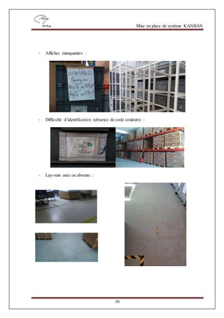 Mise en place de système KANBAN
30
- Affiches manquantes :
- Difficulté d’identification (absence de code couleurs) :
- Lay-outs usés ou absents :
 