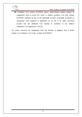 Mise en place de système KANBAN
31
 L’installation d’un système KANBAN impose impérativement quelque pratique de
management visuel au niveau des stocks et matières premières, d’où notre chantier
KANBAN organisant les flux est une opportunité de lancer en parallèle un chantier de
management visuel organisant la signalisation de ces flux et les unités concernées
assurant ainsi une élimination d’un maximal de problèmes et une meilleure
amélioration de l’organisation d’ALVA.
Les actions correctives du management visuel sont discutées et appliqués dans le dernier
chapitre en coordination avec la mise en place du KANBAN.
 