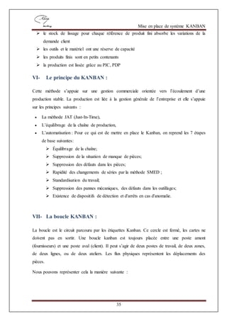 Mise en place de système KANBAN
35
 le stock de lissage pour chaque référence de produit fini absorbe les variations de la
demande client
 les outils et le matériel ont une réserve de capacité
 les produits finis sont en petits contenants
 la production est lissée grâce au PIC, PDP
VI- Le principe du KANBAN :
Cette méthode s’appuie sur une gestion commerciale orientée vers l’écoulement d’une
production stable. La production est liée à la gestion générale de l’entreprise et elle s’appuie
sur les principes suivants :
 La méthode JAT (Just-In-Time),
 L’équilibrage de la chaîne de production,
 L’automatisation : Pour ce qui est de mettre en place le Kanban, on reprend les 7 étapes
de base suivantes:
 Équilibrage de la chaîne;
 Suppression de la situation de manque de pièces;
 Suppression des défauts dans les pièces;
 Rapidité des changements de séries par la méthode SMED ;
 Standardisation du travail;
 Suppression des pannes mécaniques, des défauts dans les outillages;
 Existence de dispositifs de détection et d'arrêts en cas d'anomalie.
VII- La boucle KANBAN :
La boucle est le circuit parcouru par les étiquettes Kanban. Ce cercle est fermé, les cartes ne
doivent pas en sortir. Une boucle kanban est toujours placée entre une poste amont
(fournisseurs) et une poste aval (client). Il peut s’agir de deux postes de travail, de deux zones,
de deux lignes, ou de deux ateliers. Les flux physiques représentent les déplacements des
pièces.
Nous pouvons représenter cela la manière suivante :
 