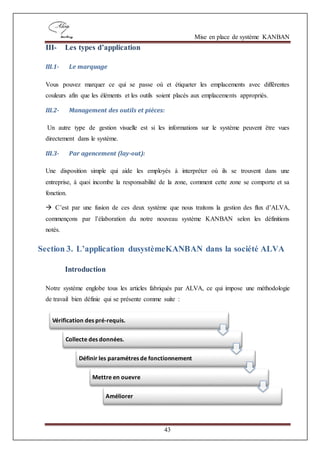 Mise en place de système KANBAN
43
III- Les types d’application
III.1- Le marquage
Vous pouvez marquer ce qui se passe où et étiqueter les emplacements avec différentes
couleurs afin que les éléments et les outils soient placés aux emplacements appropriés.
III.2- Management des outils et pièces:
Un autre type de gestion visuelle est si les informations sur le système peuvent être vues
directement dans le système.
III.3- Par agencement (lay-out):
Une disposition simple qui aide les employés à interpréter où ils se trouvent dans une
entreprise, à quoi incombe la responsabilité de la zone, comment cette zone se comporte et sa
fonction.
 C’est par une fusion de ces deux système que nous traitons la gestion des flux d’ALVA,
commençons par l’élaboration du notre nouveau système KANBAN selon les définitions
notés.
Section 3. L’application dusystèmeKANBAN dans la société ALVA
Introduction
Notre système englobe tous les articles fabriqués par ALVA, ce qui impose une méthodologie
de travail bien définie qui se présente comme suite :
Vérification des pré-requis.
Collecte des données.
Définir les paramétres de fonctionnement
Mettre en ouevre
Améliorer
 