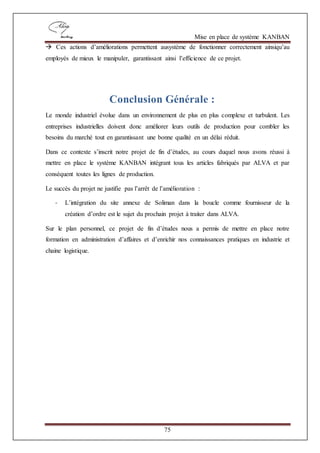 Mise en place de système KANBAN
75
 Ces actions d’améliorations permettent ausystème de fonctionner correctement ainsiqu’au
employés de mieux le manipuler, garantissant ainsi l’efficience de ce projet.
Conclusion Générale :
Le monde industriel évolue dans un environnement de plus en plus complexe et turbulent. Les
entreprises industrielles doivent donc améliorer leurs outils de production pour combler les
besoins du marché tout en garantissant une bonne qualité en un délai réduit.
Dans ce contexte s’inscrit notre projet de fin d’études, au cours duquel nous avons réussi à
mettre en place le système KANBAN intégrant tous les articles fabriqués par ALVA et par
conséquent toutes les lignes de production.
Le succès du projet ne justifie pas l’arrêt de l’amélioration :
- L’intégration du site annexe de Soliman dans la boucle comme fournisseur de la
création d’ordre est le sujet du prochain projet à traiter dans ALVA.
Sur le plan personnel, ce projet de fin d’études nous a permis de mettre en place notre
formation en administration d’affaires et d’enrichir nos connaissances pratiques en industrie et
chaine logistique.
 