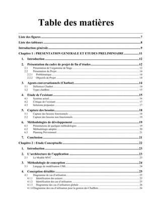 Table des matières
Liste des figures ..............................................................................................................................7
Liste des tableaux ...........................................................................................................................8
Introduction générale.....................................................................................................................9
Chapitre 1 : PRESENTATION GENERALE ET ETUDES PRELIMINIAIRE...................11
1. Introduction .......................................................................................................................12
2. Présentation du cadre de projet de fin d’études.............................................................12
2.1 Présentation de l’organisme de Stage.....................................................................................................12
2.2 Présentation du Projet............................................................................................................................. 14
2.2.1 Problématique....................................................................................................................................14
2.2.2 Objectifs de Projet ............................................................................................................................. 14
3. Agents conversationnels (Chatbot)..................................................................................14
3.1 Définition Chatbot..................................................................................................................................14
3.2 Types chatBots.......................................................................................................................................15
4. Etude de l’existant.............................................................................................................15
4.1 Système actuel........................................................................................................................................16
4.2 Critique de l’existant .............................................................................................................................. 17
4.3 Solutions proposées................................................................................................................................ 17
5. Capture des besoins...........................................................................................................18
5.1 Capture des besoins fonctionnels ...........................................................................................................18
5.2 Capture des besoins non fonctionnels ....................................................................................................19
6. Méthodologies de développement ....................................................................................19
6.1 Présentations de quelques méthodologies .............................................................................................. 19
6.2 Méthodologie adoptée............................................................................................................................ 20
6.3 Planning Prévisionnel............................................................................................................................. 21
7. Conclusion..........................................................................................................................21
Chapitre 2 : Etude Conceptuelle.................................................................................................22
1. Introduction .......................................................................................................................23
2. L’architecture de l’application ........................................................................................23
2.1 Le Modèle MVC ....................................................................................................................................23
3. Méthodologie de conception .............................................................................................24
3.1 Langage de modélisation UML..............................................................................................................24
4. Conception détaillée ..........................................................................................................25
4.1 Diagramme de cas d’utilisation..............................................................................................................25
4.1.1 Identification des acteurs ...................................................................................................................25
4.1.2 Identification des cas d’utilisation .....................................................................................................25
4.1.3 Diagramme des cas d’utilisation globale ........................................................................................... 26
4.1.4 Diagramme des cas d’utilisation pour la gestion des ChatBots.............................................................. 26
 