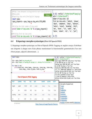 Annexe sur Traitement automatique des langues naturelles
54
4.4 Etiquetage morpho-syntaxique (Part Of Speech POS)
L’étiquetage morpho-syntaxique ou Part-of-Speech (POS) Tagging en anglais essaye d’attribuer
une étiquette à chaque mot d’une phrase mentionnant la fonctionnalité grammaticale d’un mot
(Nom propre, adjectif, déterminant…).
 
