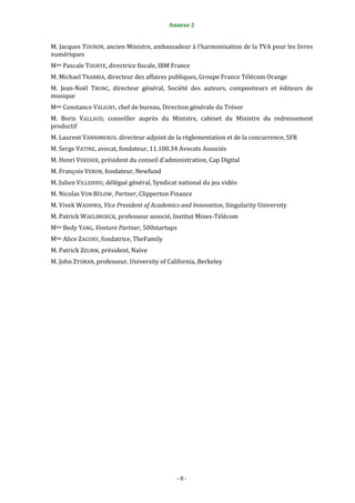8                                          Annexe 2


M. Jacques TOUBON, ancien Ministre, ambassadeur à l’harmonisation de la TVA pour les livres
numériques
Mme Pascale TOURTE, directrice fiscale, IBM France
M. Michael TRABBIA, directeur des affaires publiques, Groupe France Télécom Orange
M. Jean-Noël TRONC, directeur général, Société des auteurs, compositeurs et éditeurs de
musique
Mme Constance VALIGNY, chef de bureau, Direction générale du Trésor
M. Boris VALLAUD, conseiller auprès du Ministre, cabinet du Ministre du redressement
productif
M. Laurent VANNIMENUS. directeur adjoint de la réglementation et de la concurrence, SFR
M. Serge VATINE, avocat, fondateur, 11.100.34 Avocats Associés
M. Henri VERDIER, président du conseil d’administration, Cap Digital
M. François VERON, fondateur, Newfund
M. Julien VILLEDIEU, délégué général, Syndicat national du jeu vidéo
M. Nicolas VON BÜLOW, Partner, Clipperton Finance
M. Vivek WADHWA, Vice President of Academics and Innovation, Singularity University
M. Patrick WAELBROECK, professeur associé, Institut Mines-Télécom
Mme Bedy YANG, Venture Partner, 500startups
Mme Alice ZAGURY, fondatrice, TheFamily
M. Patrick ZELNIK, président, Naïve
M. John ZYSMAN, professeur, University of California, Berkeley




                                              -8-
 