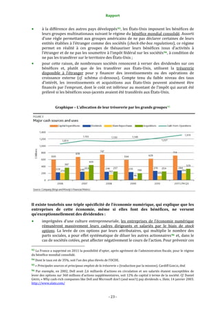 Rapport 
                                                                

        à  la  différence  des  autres  pays  développés 93 ,  les  États‐Unis  imposent  les  bénéfices  de 
        leurs groupes multinationaux suivant le régime du bénéfice mondial consolidé. Assorti 
        d’une  règle  permettant  aux  groupes  américains  de  ne  pas  déclarer  certaines  de  leurs 
        entités établies à l’étranger comme des sociétés (check­the­box regulations), ce régime 
        permet  en  réalité  à  ces  groupes  de  thésauriser  leurs  bénéfices  issus  d’activités  à 
        l’étranger et de ne pas les soumettre à l’impôt fédéral sur les sociétés 94 , à condition de 
        ne pas les transférer sur le territoire des États‐Unis ; 
        pour  cette  raison,  de  nombreuses  sociétés  renoncent  à  verser  des  dividendes  sur  ces 
        bénéfices  et,  plutôt  que  de  les  transférer  aux  États‐Unis,  utilisent  la  trésorerie 
        disponible  à  l’étranger  pour  y  financer  des  investissements  ou  des  opérations  de 
        croissance  externe  (cf.  schéma  ci‐dessous).  Compte  tenu  du  faible  niveau  des  taux 
        d’intérêt,  les  investissements  et  acquisitions  aux  États‐Unis  peuvent  aisément  être 
        financés par l’emprunt, dont le coût est inférieur au montant de l’impôt qui aurait été 
        prélevé si les bénéfices sous‐jacents avaient été transférés aux États‐Unis. 
 

                   Graphique – L’allocation de leur trésorerie par les grands groupes 95 




                                                                                                                                        
 
Il existe toutefois une triple spécificité de l’économie numérique, qui explique que les 
entreprises  de  cette  économie,  même  si  elles  font  des  bénéfices,  ne  versent 
qu’exceptionnellement des dividendes : 
            imprégnées  d’une  culture  entrepreneuriale,  les  entreprises  de  l’économie  numérique 
            rémunèrent  massivement  leurs  cadres  dirigeants  et  salariés  par  le  biais  de  stock 
            options.  La  levée  de  ces  options  par  leurs  attributaires,  qui  multiplie  le  nombre  des 
            parts sociales, a  pour effet systématique de diluer les autres actionnaires 96  et, dans le 
            cas de sociétés cotées, peut affecter négativement le cours de l’action. Pour prévenir ces 
                                                             
93 La France a supprimé en 2011 la possibilité d’opter, après agrément de l’administration fiscale, pour le régime 
du bénéfice mondial consolidé. 
94 Dont le taux est de 35%, soit l’un des plus élevés de l’OCDE. 

95 « Principales sources et principaux emplois de la trésorerie » (traduction par la mission). Cardiff GARCIA, ibid. 

96  Par  exemple,  en  2002,  Dell  avait  2,6  milliards  d’actions  en  circulation  et  ses  salariés  étaient  susceptibles  de 
lever des options sur 360 millions d’actions supplémentaires, soit 12% du capital à terme de la société. Cf. Daniel 
GROSS, « Why cash‐rich companies like Dell and Microsoft don’t (and won’t) pay dividends », Slate, 14 janvier 2003. 
http://www.slate.com/  



                                                              ‐ 23 ‐ 
 
