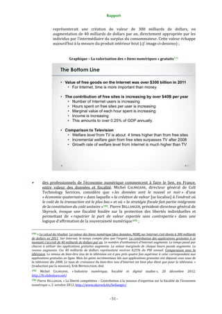 Rapport 
                                                                    

                       représenterait  une  création  de  valeur  de  300  milliards  de  dollars,  en 
                       augmentation  de  40  milliards  de  dollars  par  an,  directement  appropriée  par  les 
                       individus par l’intermédiaire du surplus du consommateur. Cette valeur échappe 
                       aujourd’hui à la mesure du produit intérieur brut (cf. image ci‐dessous) ; 
            

                                         Graphique – La valorisation des « biens numériques » gratuits 191 




                                                                                                                              
 
           des  professionnels  de  l’économie  numérique  commencent  à  faire  le  lien,  en  France, 
           entre  valeur  des  données  et  fiscalité.  Michel  CALMEJANE,  directeur  général  de  Colt 
           Technology  Services,  considère  que  « les  données  sont  le  nouvel  or  noir »  d’une 
           « économie quaternaire » dans laquelle « la création de valeur [se localise] à l’endroit où 
           le coût de la transaction est le plus bas » et où « la stratégie fiscale fait partie intégrante 
           de la constitution du coût unitaire » 192 . Pierre BELLANGER, président‐directeur général de 
           Skyrock,  évoque  une  fiscalité  fondée  sur  la  protection  des  libertés  individuelles  et 
           permettant  de  « rapatrier  la  part  de  valeur  exportée  sans  contrepartie »  dans  une 
           logique d’affirmation de la souveraineté numérique 193  ;  

                                                             
191 « Le calcul du résultat. La valeur des biens numérique [des données, NDR] sur Internet s’est élevée à 300 milliards 
de dollars en 2011. Sur Internet, le temps compte plus que l’argent. La contribution des applications gratuites à ce 
montant s’accroît de 40 milliards de dollars par an. Le nombre d’utilisateurs d’Internet augmente. Le temps passé par 
chacun  à  utiliser  des  applications  gratuites  augmente.  La  valeur  marginale  de  chaque  heure  passée  augmente.  Le 
revenu  augmente.  Ces  40  milliards  de  dollars  représentent  environ  0,25%  du  PIB  annuel.  Comparaison  avec  la 
télévision. Le niveau de bien­être issu de la télévision est à peu près quatre fois supérieur à celui correspondant aux 
applications gratuites en ligne. Mais les gains incrémentaux liés aux applications gratuites ont dépassé ceux issus de 
la télévision dès 2008. Le  taux de croissance du bien­être issu d’Internet est bien plus élevé  que pour la télévision. » 
(traduction par la mission). Erik BRYNJOLFSSON, ibid. 
192   Michel  CALMEJANE,  « Industrie  numérique,  fiscalité  et  digital  studies »,  20  décembre  2012. 
http://fr.slideshare.net/  
193 Pierre BELLANGER, « La liberté compétitive – Contribution à la mission d’expertise sur la fiscalité de l’économie 
numérique », 2  octobre 2012. http://www.skyrock.fm/bellanger/  



                                                                 ‐ 51 ‐ 
 