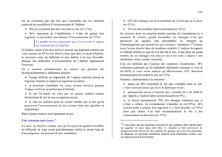 107
On ne s’étonnera pas dès lors que l’ensemble des ces éléments
entravent les possibilités d’investissement de l’habitat.
¾ 50% ne se sentent pas chez eux dans le site (m=17%) ;
¾ 56% expriment de l’indifférence à l’idée de quitter leur
logement, ce qui traduit une absence d’investissement (m=22%).
Le graphe montre clairement que c’est surtout le rapport
au logement qui est fragilisé.
D’ailleurs, moins d’un tiers arrive à investir son logement comme une
vraie maison (m=67%). On observe donc que dans ce mode d’habiter,
la rencontre entre les habitants et leur habitat n’est pas favorable,
puisque des difficultés d’investissement de l’habitat apparaissent
fortement.
On a examiné précédemment les sources qui génèrent des
dysfonctionnements à différentes échelles :
¾ l’usage difficile ou impossible de l’espace extérieur donné au
logement fragilise le rapport au logement lui-même ;
¾ la proximité immédiate est vécue comme intrusive puisque
l’espace extérieur ne permet pas d’intimité ;
¾ le site lui-même est vécu par un certain nombre comme
dévalorisant du fait de son occupation sociale ;
¾ et cela est conforté pour un certain nombre par le fait qu’ils
perçoivent l’environnement du site comme étant peu agréable ou
stigmatisant.
Mais d’autres sources sont également en jeu.
Une situation sans issue ?
Là aussi, on retrouve certains taux qui évoquent les grands ensembles
en difficulté où nous avons précédemment réalisé le même type de
d’investigation. Au moment de leur installation :
¾ 62% des ménages ont eu le sentiment de n’avoir pas eu le choix
(m=33%) ;
¾ 56% se sont installés là provisoirement (m=25%).
On retrouve donc un caractère plutôt contraint de l’installation et, a
contrario de certains grands ensembles, les ménages n’ont pas
découvert de qualités non perceptibles au moment de
l’emménagement qui auraient eu une vocation « installante »60
comme
nous l’avons observé dans de nombreux endroits. L’analyse du rapport
à l’habitat montre ici que tel n’a pas été le cas, et que pour un grand
nombre de ces ménages rien dans le site n’est venu « réparer » une
installation vécue comme contrainte.
Cela est confirmé par l’analyse des intentions résidentielles. 38%
seulement expriment qu’ils souhaitent réellement continuer à vivre là
(m=80%) et nous avons analysé qu’effectivement, 62% désiraient
réellement pouvoir quitter le site (m=32%).
Pourtant, conformément à la moyenne :
¾ autour de 80% expriment le fait que s’installer dans ce site,
c’était vraiment mieux que là où ils habitaient avant ;
¾ pratiquement aucun n’exprime que s’installer là a été difficile
par rapport à l’endroit habité antérieurement (m=9%) ;
¾ et surtout pratiquement 70% des ménages indiquent que si
c’était à refaire, ils reviendraient s’installer là (m=85%), 44%
seraient prêts à acheter leur logement si c’était possible (m=55%)
alors que moins d’un tiers recommanderait le site à des
connaissances ou des amis (m=75%).
60
C'est-à-dire que des personnes peuvent ne pas souhaiter aller habiter dans
un quartier et donc dans leur tête s’y installer à titre provisoire et
progressivement découvrir des qualités du quartier qui vont leur permettre
de dépasser ces premiers sentiments négatifs pour finalement évoluer vers
un rapport positif à leur habitat
 