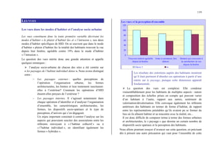 119
LES VUES
Les vues dans les modes d’habiter et l’analyse socio urbaine
Les vues constituent donc la toute première variable décrivant les
modes d’habiter « le plaisir d’habiter là» et « l’intrusion », nos deux
modes d’habiter spécifiques de HID. On se souvient que dans le mode
d’habiter « plaisir d’habiter là» la totalité des habitants trouvent la vue
depuis leur fenêtre, agréable contre 19% dans le mode d’habiter
« l’intrusion ».
La question des vues mérite donc une grande attention et appelle
quelques remarques :
¾ l’analyse socio-urbaine de chacun des sites a été centrée sur
« les paysages de l’habitat individuel dense ». Nous avons distingué
entre :
− Les paysages externes : quelles perceptions de
l’opération l’organisation urbaine, les formes
architecturales, les limites et leur traitement suscitaient-
elles à l’extérieur? Comment les opérations d’HID
étaient-elles perçues de l’extérieur ?
− Les paysages internes. Il s’agissait notamment dans
chaque opération d’identifier et d’analyser l’organisation
d’ensemble, les caractéristiques architecturales, les
formes, les dispositifs socio-spatiaux et le type de
perception, d’univers qui s’en dégageait.
Un enjeu important consistait à centrer l’analyse sur les
aspects qui pouvaient susciter des associations entre les
référents renvoyant à « l’habitat collectif » ou à
« l’habitat individuel », en identifiant également les
formes « hybrides ».
Les vues et la perception d'ensemble
0
20
40
60
80
100
120
Trouvent endroit agréable
depuis la fenêtre
Aime se promener, être
dehors
Element qui concourre à
la satisfaction: la vue
depuis la fenêtre
Classe 3 m
Les résultats des entretiens auprès des habitants montrent
qu’il était pertinent d’aborder ces opérations à partir d’une
entrée sur le paysage, puisque cette dimension apparaît
fondamentale.
¾ La question des vues est complexe. Elle condense
vraisemblablement pour les habitants de multiples aspects : nature
et composition des échelles prises en compte qui peuvent varier
d’un habitant à l’autre, rapport aux autres, sentiment de
valorisation/dévalorisation. Elle convoque également les référents
antérieurs des habitants en termes de forme d’habitat, de rapport
entre les représentations préalables qu’ils avaient pu se former du
lieu où ils allaient habiter et sa rencontre avec la réalité, etc...
Il est donc difficile de comparer terme à terme des formes urbaines
et architecturales, le « paysage » que dessine un certain nombre de
dispositifs socio spatiaux et la perception des habitants.
Nous allons pourtant essayer d’avancer sur cette question, en précisant
dès à présent une autre précaution qui vaut pour l’ensemble de cette
 