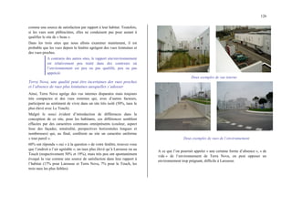 126
comme une source de satisfaction par rapport à leur habitat. Toutefois,
si les vues sont plébiscitées, elles ne conduisent pas pour autant à
qualifier le site de « beau ».
Dans les trois sites que nous allons examiner maintenant, il est
probable que les vues depuis la fenêtre agrègent des vues lointaines et
des vues proches.
A contrario des autres sites, le rapport site/environnement
est relativement peu traité dans des contextes où
l’environnement est peu ou pas qualifié, peu ou pas
apprécié.
Terra Nova, une qualité peut être incertaines des vues proches
et l’absence de vues plus lointaines auxquelles s’adosser
Ainsi, Terra Nova agrège des vus internes disparates mais toujours
très compactes et des vues externes qui, avec d’autres facteurs,
participent au sentiment de vivre dans un site très isolé (50%, taux le
plus élevé avec Le Touch).
Malgré le souci évident d’introduction de différences dans la
conception de ce site, pour les habitants, ces différences semblent
effacées par des caractères communs omniprésents (couleur, aspect
lisse des façades, minéralité, perspectives horizontales longues et
nombreuses) qui, au final, confèrent au site un caractère uniforme
« tout pareil ».
60% ont répondu « oui » à la question « de votre fenêtre, trouvez vous
que l’endroit a l’air agréable », un taux plus élevé qu’à Larousse ou au
Touch (respectivement 50% et 19%), mais très peu ont spontanément
évoqué la vue comme une source de satisfaction dans leur rapport à
l’habitat (17% pour Larousse et Terra Nova, 7% pour le Touch, les
trois taux les plus faibles).
Deux exemples de vue interne
Deux exemples de vues de l’environnement
A ce que l’on pourrait appeler « une certaine forme d’absence », « de
vide » de l’environnement de Terra Nova, on peut opposer un
environnement trop prégnant, difficile à Larousse.
 