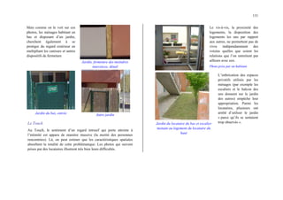 131
Mais comme on le voit sur ces
photos, les ménages habitant en
bas et disposant d’un jardin,
cherchent également à se
protéger du regard extérieur en
multipliant les canisses et autres
dispositifs de fermeture
Jardin, fermeture des moindres
interstices, détail
Jardin du bas, entrée Autre jardin
Le Touch
Au Touch, le sentiment d’un regard intrusif qui porte atteinte à
l’intimité est apparu de manière massive (la moitié des personnes
rencontrées). Là, on peut estimer que les caractéristiques spatiales
absorbent la totalité de cette problématique. Les photos qui suivent
prises par des locataires illustrent très bien leurs difficultés.
Le vis-à-vis, la proximité des
logements, la disposition des
logements les uns par rapport
aux autres, ne permettent pas de
vivre indépendamment des
voisins quelles que soient les
relations que l’on entretient par
ailleurs avec eux.
Photo prise par un habitant
Jardin du locataire du bas et escalier
menant au logement du locataire du
haut
L’imbrication des espaces
privatifs utilisés par les
ménages (par exemple les
escaliers et le balcon des
uns donnent sur le jardin
des autres) empêche leur
appropriation. Parmi les
locataires, plusieurs ont
arrêté d’utiliser le jardin
« parce qu’ils se sentaient
trop observés ».
 