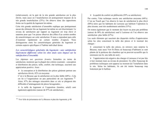 144
(relativement), où la part de la très grande satisfaction est la plus
élevée, mais aussi où l’insatisfaction est pratiquement toujours de la
très grande insatisfaction (25%). On observe donc des oppositions
fortes sur la qualité du logement lui-même.
Cette très grande satisfaction d’ensemble explique que pratiquement
aucun des éléments liés au logement lui-même ne soit discriminant. Le
niveau de satisfaction par rapport au logement est trop élevé et
unanime pour que l’on puisse observer des effets d’un certain nombre
de caractéristiques sur cette satisfaction. Il nous a cependant paru utile
d’examiner rapidement un certain nombre d’aspects. Nous
distinguerons entre les caractéristiques générales du logement et
certains aspects spécifiques à l’habitat individuel dense.
Les caractéristiques générales du logement : une satisfaction
légèrement différente selon les sites mais sans impact sur la
satisfaction d’ensemble
Les réponses aux questions fermées formulées en terme de
satisfaction, montrent que la plupart des critères examinés : conception
et distribution des pièces, taille, confort, état technique, suscitent une
appréciation positive. Ainsi :
¾ la conception et la distribution des pièces génèrent partout une
satisfaction élevée, 82% en moyenne.
C’est à la Bécasse que la satisfaction est la plus faible (60%) ; Cela
est lié à l’organisation un peu particulière de ces logements 68
Ainsi, 87% des ménages rencontrés dans ce site se plaignent des
difficultés d’aménagement de pièces hexagonales ;
¾ la taille du logement et l’exposition (lumière, soleil) sont
également appréciées (autour de 87% de satisfaction) ;
68
Voir fiche de présentation de La Bécasse et plan des logements, p 48.
¾ la qualité du confort est plébiscitée (95% se satisfaction).
Par contre, l’état technique suscite une satisfaction moyenne (68%).
C’est au Touch que l’on observe le taux de satisfaction le plus élevé
(88%) alors que les habitants de Larousse qui habitent l’opération la
plus récente, sont très modérément satisfaits (53%).
On notera également que le montant des loyers ne pose pas problème
(autour de 88% de satisfaction) sauf à Larousse où l’on observe une
satisfaction plus faible (67%).
Les seuls éléments qui suscitent des disparités réelles d’appréciation
selon les sites concernent la taille des pièces et le montant des
charges :
¾ concernant la taille des pièces, on retrouve sans surprise la
Bécasse, mais aussi Vert St Denis où beaucoup d’habitants se sont
plaints de la petitesse des chambres qui ne peuvent accueillir que le
minimum (un lit, une table de nuit) ;
¾ l’appréciation très négative des charges à Larousse n’est pas liée
à leur montant mais au niveau de prestation. En effet, beaucoup de
problèmes techniques sont apparus au moment de l’installation dans
le site. Selon les habitants, ils ont été traités beaucoup trop
lentement par le bailleur.
 