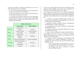 38
Il convient de rappeler le processus des sélections des sites et les
modes d’analyse que nous avons effectués :
¾ nous avons examiné une quarantaine de sites proposés par les
maîtres d’ouvrage associés à cette recherche ;
¾ parmi ces quarante sites, nous en avons sélectionné douze qui
ont fait l’objet d’une analyse socio-urbaine ;
¾ en accord avec les maîtres d’ouvrage, suite à une présentation
de l’analyse socio urbaine des 12 sites, nous en avons ensuite retenu
sept pour effectuer une analyse des modes d’habiter à partir d’une
enquête auprès des habitants.
SITES D’ANALYSE
Socio-urbaine Modes d’habiter
Quartier St Just /
Marseille Larousse Larousse
Avenue de Corbeil Avenue de Corbeil
Melun Vert St Denis Vert St Denis
Jacques Cartier /
Orléans La Bécasse La Bécasse
Berlioz /
Reims Quartier du Petit Bétheny Quartier Petit Bétheny
Quartier Grand Marais /
St Nazaire Terra Nova Terra Nova
Les Bourdettes /
Toulouse Le Touch Le Touch
Ces sept sites ont donc bénéficié d’une analyse socio urbaine et d’une
analyse des modes d’habiter et nous avons mis en perspective les
résultats de ces deux approches (partie 4 de ce rapport).
On se souvient que les sites choisis avec les maîtres d’ouvrage pour
réaliser l’analyse socio urbaine, puis ceux retenus pour réaliser une
enquête auprès des habitants (analyse des modes d’habiter) répondaient
à quelques critères simples. Nous avons sélectionné des opérations
qui :
¾ « donnaient » des espaces individuels (espace extérieur, type
d’accès, type de traitement des stationnements etc.) tout en se
caractérisant par une certaine densité;
¾ permettaient d’explorer différents processus d’aménagement
urbain (densification, extension urbaine, etc.);
¾ correspondaient à divers modes d’utilisation et d’optimisation
d’opportunités foncières ;
¾ s’intégraient dans des environnements différenciés aussi bien
sur le plan urbain que social ;
¾ traitaient de manière différenciée le rapport individuel/collectif.
Des exceptions sont à noter. Il nous a en effet, paru intéressant
d’inclure deux opérations qui se situaient « aux extrêmes » pour leur
appliquer le même type d’analyse :
¾ La Bécasse à Orléans. L’importance de cette opération, sa date
de construction, son caractère manifestement « collectif » la
distinguent de toutes les autres mais elle était intéressante pour
différentes raisons :
− dans ses grandes lignes, elle correspondait à ce que l’on
avait appelé l’habitat intermédiaire dans les années 1970 ;
− elle ménageait pour tous les logements un véritable
extérieur (terrasse ou jardin) ;
 