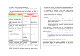 67
¾ Forme de village urbain parcouru de rues
C’est le cas de l’opération St. Just à Marseille, qui est une cité-
jardin située sur une colline avec des rues sillonnant les pentes ;
c’est aussi l’intention qui oriente la conception du Touch à
Toulouse ;
Organisation
Organisation urbaine
interne des opérations structurante secondaire
Distribution le long d’une rue
intérieure : rectiligne, coudée.
J. Cartier
Disposition de bâtiments le
long de plusieurs voies de
desserte
Terra Nova Le Touch
Petit Bétheny
Forme de village urbain
structuré
St. Just
Le Touch
Disposition des bâtiments
autour ou le long d’un espace
collectif :
- circulation piétonne Vert St. Denis
- circulation automobile Avenue de
Corbeil &
Larousse
Le Touch
Dissémination dans un espace
paysager
La Bécasse
Petit Bétheny
Opération construisant des
rues urbaines qui les bordent
Larousse
Bourdettes
Grand Marais
Berlioz
¾ Disposition des bâtiments autour d’un espace collectif
accessible aux voitures
Avenue de Corbeil, les bâtiments entourent un espace collectif
accessible aux voitures. Au Touch certains bâtiments entourent une
placette autour de laquelle les voitures peuvent également circuler ;
¾ Disposition des bâtiments le long d’un espace collectif
L’opération de Vert St. Denis est composée essentiellement de
maisons en bande disposées le long de 2 allées séparées par un
espace collectif (aire de jeux, plantations).
¾ Dissémination de groupes de bâtiments dans un espace
paysager
− Le quartier de la Bécasse à Orléans est composé de
groupes ou plutôt de « grappes » de bâtiments disséminées
dans un espace paysager.
− Celui du Petit Betheny est composé d’un ensemble de
secteurs différencié qui composent un paysage conférant
une identité forte au site
Notons également le point suivant : sans que ce soit structurant, le
quartier de Terra Nova à St. Nazaire est traversé en partie par un
espace de circulation piétonnier et Grand Marais dispose également
d’allées piétonnes.
On a donc une grande diversité de modes d’organisation
des espaces urbains qui construisent des modes de
fonctionnement social urbain et des identités urbaines
différentes.
Les formes d’ouverture ou de fermeture des sites
Comme on l’a déjà, vue du « dehors » en quelque sorte, ces modes
d’organisation urbaine se traduisent notamment par des formes
d’ouverture et de fermeture de ces opérations vis-à-vis de l’espace
urbain. On a plusieurs modèles à l’œuvre :
 