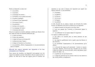 72
Parmi ces dispositifs, on peut citer :
¾ les escaliers ;
¾ les portails ;
¾ le marquage des entrées ;
¾ les bordures ou les jardins de devant ;
¾ les grilles et grillages ;
¾ les murets et murs séparateurs ;
¾ les terrasses d’accès ;
¾ les jardinières ;
¾ les haies et les massifs ;
¾ les marquages de limites ;
¾ le traitement des seuils.
Nous les évoquons de manière générique, sachant que chacun d’eux
fait l’objet de modes de traitement différenciés par :
¾ le choix de formes ;
¾ le choix des matériaux ;
¾ le degré de finesse ou de massivité ;
¾ la disposition dans l’espace ;
¾ le degré de fermeture ou d’ouverture ;
¾ les possibilités offertes d’appropriation et de personnalisation
par les occupants.
Diversité des espaces attenants aux logements et de leur
articulation avec l’intérieur
Nous aurions pu considérer ces dispositifs socio-spatiaux avec les
espaces de transition assurant l’articulation entre les espaces privés et
publics. En effet tout en étant des espaces privés ils assurent une
séparation et une mise à distance des logements par rapport aux
espaces collectifs. Ce sont notamment :
¾ les garages ;
¾ les appentis ;
¾ les balcons ;
¾ les terrasses ;
¾ les loggias ;
¾ les jardinets.
A cette diversité de ces espaces s’ajoute une diversité des modes
d’accès, de séparation ou de mise en relation avec les logements :
¾ jardinets donnant sur une porte ou une baie vitrée ;
¾ accès aux garages par l’extérieur ou directement depuis le
logement ;
¾ vues différentes sur ces espaces depuis les logements.
Ces espaces se différencient selon :
¾ leur taille et le caractère plus ou moins judicieux de leur
localisation ;
¾ leur degré de qualification (sols et garde corps des balcons et
des terrasses) ;
¾ les possibilités d’appropriation et de personnalisation qu’ils
offrent ;
¾ la diversité des usages qu’ils permettent : s’asseoir, se reposer,
s’accouder, déjeuner, recevoir des amis, bavarder avec les voisins,
s’abriter de la pluie, du vent ou du soleil, cultiver des plantes, jouer,
stocker des objets ; etc. ;
¾ la qualité des vues qu’ils procurent ;
¾ le degré de protection qu’ils assurent contre les vues intrusives
des voisins (réelles ou imaginaires) ;
 