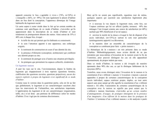 94
apparaît concerne le lieu « agréable à vivre » (74%, m=54%) et
« tranquille » (66%, m= 49%). On note également le plaisir d’habiter
dans un lieu dont la conception, l’apparence démarque de l’image
habituelle du logement social.
Un autre aspect à noter réside dans le fait qu’un certain nombre de
contenus sont spécifiques de ce mode d’habiter, c'est-à-dire qu’ils
apparaissent dans la description de ce mode d’habiter et sont
totalement ou pratiquement absents des autres. Ainsi autour de 35% à
40% ont, à chaque fois, évoqué :
¾ la taille du site qui permet que les habitants se connaissent;
¾ le soin l’attention apporté à une apparence, une esthétique
soignée;
¾ le sentiment de construction en cours d’une identité du site;
¾ la présence d’éléments (conception, architecture) qui confèrent
une identité propre au site;
¾ le sentiment de partager avec d’autres une situation privilégiée;
¾ les pratiques que permettent les espaces collectifs, résidentiels.
Un logement–maison
A part les vues sur le site, l’environnement, depuis la fenêtre du
logement qui réapparaissent à trois reprises (questions fermées,
codification des questions ouvertes, questions projectives), aucun des
aspects explorés à propos du logement n’est significatif de ce mode
d’habiter.
Comme nous le verrons dans la quatrième partie, cela est lié au fait
que globalement, le logement et ses caractéristiques suscitent chez
tous les interviewés de l’échantillon, une satisfaction importante.
L’appréciation du logement et de ses caractéristiques (organisation,
taille, etc.) n’est donc pas porteuse de différences selon les modes
d’habiter. Il ne s’agit pas de contenus discriminants.
Bien qu’ils ne soient pas significatifs, signalons tout de même,
quelques aspects qui suscitent une satisfaction légèrement plus
importante:
¾ à nouveau la vue depuis le logement mais, cette fois, sur
l’espace extérieur qui lui est affecté (jardin, terrasse). 60% des
ménages l’ont évoqué comme une source de satisfaction (m=40%)
sachant que 90% bénéficient d’un tel espace;
¾ environ la moitié de la classe a évoqué le fait de disposer d’un
accès individuel, (m=33%) et surtout le soin tout particulier
(aménagements) apporté à sa décoration;
¾ la manière dont un ensemble de caractéristiques de la
conception se combinent pour faire « petite maison ».
La thématique de la « maison » est très présente dans ce mode
d’habiter. Méthodologiquement, nous avions décidé de ne pas
introduire par nous-mêmes d’évocation de la maison avant la fin de
l’entretien, pour pouvoir distinguer les cas où elle apparaîtrait
spontanément, de propos induits par nous.
Dans ce mode d’habiter, la maison a été évoquée de manière
spontanée dans 90% des cas, ce qui le distingue faiblement de la
moyenne (80%).
Toutefois, nous avons distingué entre l’évocation de la maison et la
constitution d’un « référent » maison. L’évocation « maison » pouvait
apparaître à propos de certaines caractéristiques de la conception
(accès individuel, espace extérieur propre, duplex, ou tout autre
aspect) sans pour autant qu’elle signifie la constitution d’un « référent
maison ». En effet, l’association de certaines caractéristiques de la
conception avec la maison ne signifie pas pour autant que le
« référent » maison fonctionne, c'est-à-dire qu’un certain nombre
d’aménagements, d’usages, de pratiques témoignent de la présence
d’un imaginaire, d’un référent de la maison dans les pratiques de
l’habiter. L’existence d’un « référent maison » a été analysée à partir
 