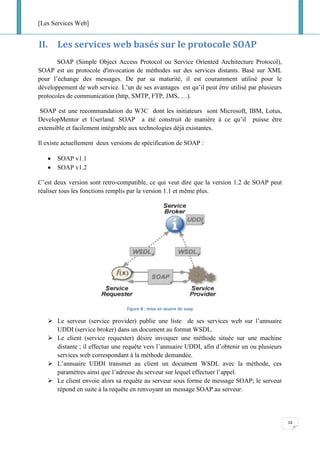 [Les Services Web]
16
II. Les services web basés sur le protocole SOAP
SOAP (Simple Object Access Protocol ou Service Oriented Architecture Protocol),
SOAP est un protocole d'invocation de méthodes sur des services distants. Basé sur XML
pour l’échange des messages. De par sa maturité, il est couramment utilisé pour le
développement de web service. L’un de ses avantages est qu’il peut être utilisé par plusieurs
protocoles de communication (http, SMTP, FTP, JMS, …).
SOAP est une recommandation du W3C dont les initiateurs sont Microsoft, IBM, Lotus,
DevelopMentor et Userland. SOAP a été construit de manière à ce qu’il puisse être
extensible et facilement intégrable aux technologies déjà existantes.
Il existe actuellement deux versions de spécification de SOAP :
• SOAP v1.1
• SOAP v1.2
C’est deux version sont retro-compatible, ce qui veut dire que la version 1.2 de SOAP peut
réaliser tous les fonctions remplis par la version 1.1 et même plus.
Figure 8 : mise en œuvre de soap
➢ Le serveur (service provider) publie une liste de ses services web sur l’annuaire
UDDI (service broker) dans un document au format WSDL.
➢ Le client (service requester) désire invoquer une méthode située sur une machine
distante ; il effectue une requête vers l’annuaire UDDI, afin d’obtenir un ou plusieurs
services web correspondant à la méthode demandée.
➢ L’annuaire UDDI transmet au client un document WSDL avec la méthode, ces
paramètres ainsi que l’adresse du serveur sur lequel effectuer l’appel.
➢ Le client envoie alors sa requête au serveur sous forme de message SOAP; le serveur
répond en suite à la requête en renvoyant un message SOAP au serveur.
 