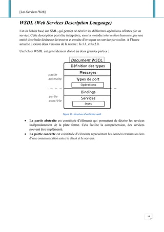 [Les Services Web]
18
WSDL (Web Services Description Language)
Est un fichier basé sur XML, qui permet de décrire les différentes opérations offertes par un
service. Cette description peut être interprétée, sans la moindre intervention humaine, par une
entité distribuée désireuse de trouver et ensuite d'invoquer un service particulier. A l’heure
actuelle il existe deux versions de la norme : la 1.1, et la 2.0.
Un fichier WSDL est généralement divisé en deux grandes parties :
Figure 10 : structure d'un fichier wsdl
• La partie abstraite est constituée d’éléments qui permettent de décrire les services
indépendamment de la plate forme. Cela facilite la compréhension, des services
pouvant être implémenté.
• La partie concrète est constituée d’éléments représentant les données transmises lors
d’une communication entre le client et le serveur.
 