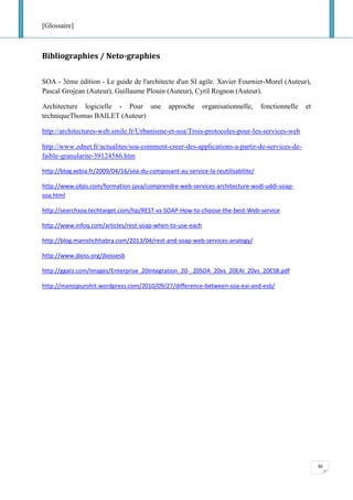 [Glossaire]
30
Bibliographies / Neto-graphies
SOA - 3ème édition - Le guide de l'architecte d'un SI agile. Xavier Fournier-Morel (Auteur),
Pascal Grojean (Auteur), Guillaume Plouin (Auteur), Cyril Rognon (Auteur).
Architecture logicielle - Pour une approche organisationnelle, fonctionnelle et
techniqueThomas BAILET (Auteur)
http://architectures-web.smile.fr/Urbanisme-et-soa/Trois-protocoles-pour-les-services-web
http://www.zdnet.fr/actualites/soa-comment-creer-des-applications-a-partir-de-services-de-
faible-granularite-39124586.htm
http://blog.xebia.fr/2009/04/16/soa-du-composant-au-service-la-reutilisabilite/
http://www.objis.com/formation-java/comprendre-web-services-architecture-wsdl-uddi-soap-
soa.html
http://searchsoa.techtarget.com/tip/REST-vs-SOAP-How-to-choose-the-best-Web-service
http://www.infoq.com/articles/rest-soap-when-to-use-each
http://blog.manishchhabra.com/2013/04/rest-and-soap-web-services-analogy/
http://www.jboss.org/jbossesb
http://ggatz.com/images/Enterprise_20Integration_20-_20SOA_20vs_20EAI_20vs_20ESB.pdf
http://manojpurohit.wordpress.com/2010/09/27/difference-between-soa-eai-and-esb/
 