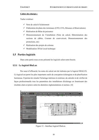 CHAPITRE I ENVIRONNEMENT ET PRESENTATION DU PROJET
11
Cahier des charges :
Tache à réaliser:
 Note de calcul d’éclairement
 Elaboration de plans des terminaux (CFO, CFA, Réseaux et Réservations).
 Réalisation de Bilan de puissance
 Dimensionnement de l’installation (Note de calcul, Détermination des
sections de câbles, Courant de court-circuit, Dimensionnement des
protections, etc)
 Réalisation des projets de colonne
 Modélisation 3D de Local technique
I.5 Parties logiciels
Dans cette partie nous avons présenté les logiciels selon notre besoin.
I.5.1 Le logiciel DiaLux
Par souci d’efficacité, les notes de calcul ont été réalisées par le logiciel DIALUX.
Ce logiciel est parmi les plus importants outils de conception éclairagiste et de planification
lumineuse. Il permet de simuler l'éclairage intérieur et extérieur, de calculer et de vérifier de
façon professionnelle tous les paramètres des installations d'éclairage en fournissant des
résultats clairs et précis selon les dernières réglementations et normes. [4]
Figure 11 - Interface logiciel DiaLux
 