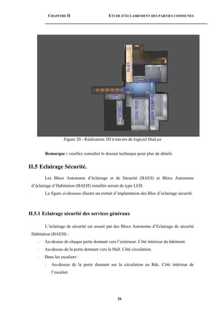 CHAPITRE II ETUDE D’ECLAIREMENT DES PARTIES COMMUNES
26
Figure 20 - Réalisation 3D à travers de logiciel DiaLux
Remarque : veuillez consulter le dossier technique pour plus de détails
II.5 Eclairage Sécurité.
Les Blocs Autonome d’éclairage et de Sécurité (BAES) et Blocs Autonome
d’éclairage d’Habitation (BAEH) installés seront de type LED.
La figure ci-dessous illustre un extrait d’implantation des Bloc d’éclairage sécurité.
II.5.1 Eclairage sécurité des services généraux
L’éclairage de sécurité est assuré par des Blocs Autonome d’Eclairage de sécurité
Habitation (BAEH) :
- Au-dessus de chaque porte donnant vers l’extérieur. Côté intérieur du bâtiment.
- Au-dessus de la porte donnant vers le Hall. Côté circulation.
- Dans les escaliers :
- Au-dessus de la porte donnant sur la circulation au Rdc. Côté intérieur de
l’escalier.
 