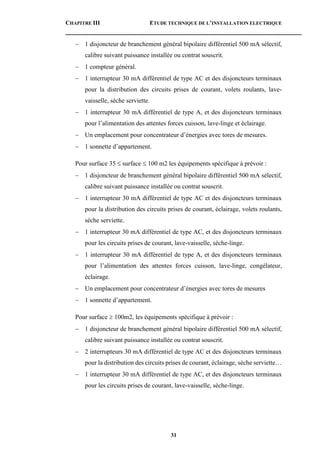 CHAPITRE III ETUDE TECHNIQUE DE L’INSTALLATION ELECTRIQUE
31
 1 disjoncteur de branchement général bipolaire différentiel 500 mA sélectif,
calibre suivant puissance installée ou contrat souscrit.
 1 compteur général.
 1 interrupteur 30 mA différentiel de type AC et des disjoncteurs terminaux
pour la distribution des circuits prises de courant, volets roulants, lave-
vaisselle, sèche serviette.
 1 interrupteur 30 mA différentiel de type A, et des disjoncteurs terminaux
pour l’alimentation des attentes forces cuisson, lave-linge et éclairage.
 Un emplacement pour concentrateur d’énergies avec tores de mesures.
 1 sonnette d’appartement.
Pour surface 35  surface  100 m2 les équipements spécifique à prévoir :
 1 disjoncteur de branchement général bipolaire différentiel 500 mA sélectif,
calibre suivant puissance installée ou contrat souscrit.
 1 interrupteur 30 mA différentiel de type AC et des disjoncteurs terminaux
pour la distribution des circuits prises de courant, éclairage, volets roulants,
sèche serviette.
 1 interrupteur 30 mA différentiel de type AC, et des disjoncteurs terminaux
pour les circuits prises de courant, lave-vaisselle, sèche-linge.
 1 interrupteur 30 mA différentiel de type A, et des disjoncteurs terminaux
pour l’alimentation des attentes forces cuisson, lave-linge, congélateur,
éclairage.
 Un emplacement pour concentrateur d’énergies avec tores de mesures
 1 sonnette d’appartement.
Pour surface  100m2, les équipements spécifique à prévoir :
 1 disjoncteur de branchement général bipolaire différentiel 500 mA sélectif,
calibre suivant puissance installée ou contrat souscrit.
 2 interrupteurs 30 mA différentiel de type AC et des disjoncteurs terminaux
pour la distribution des circuits prises de courant, éclairage, sèche serviette…
 1 interrupteur 30 mA différentiel de type AC, et des disjoncteurs terminaux
pour les circuits prises de courant, lave-vaisselle, sèche-linge.
 