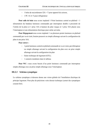 CHAPITRE III ETUDE TECHNIQUE DE L’INSTALLATION ELECTRIQUE
33
 1 boîte de raccordement 32A + T pour appareil de cuisson,
 1 PC 16 A+T pour réfrigérateur
Pour salle de bain nous avons implanté 1 Point lumineux central en plafond + 1
alimentation du bandeau lumineux commandés par interrupteur double à proximité de
l’entrée de la pièce et 1 prise 16A à hauteur du plan vasque et 1 prise 16A placée sous
l’interrupteur et une alimentation électrique pour sèche serviette.
Pour Dégagement nous avons implanté 1 ou plusieurs points lumineux en plafond
commandé par va-et-vient, bouton poussoir ou simple allumage suivant la configuration du
plan et une prise 16A.
Pour entrer :
 1 point lumineux central en plafond commandé en va-et-vient, par télérupteur
ou simple allumage suivant la configuration du plan avec un prise simple
allumage suivant la configuration du plan
 Gaine technique de logement (GTL).
 1 sonnerie modulaire dans le tableau
Pour WC : nous avons besoin d’un point lumineux commandé par interrupteur
simple allumage avec un prise simple allumage sous l’interrupteur.
III.2.3 Schéma synoptique
Le schéma synoptique ci-dessous donne une vision globale de l’installation électrique de
principe logement. Pour plus de précisions voire dossier technique (carnet des synoptiques
courant fort).
 