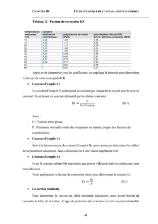 CHAPITRE III ETUDE TECHNIQUE DE L’INSTALLATION ELECTRIQUE
42
Tableau 12– Facteur de correction K3
Après avoir déterminer tous les coefficients, on applique la formule pour déterminer
le facteur de correction globale K.
 Courant d’emploi Ib
Le courant d’emploi Ib correspond au courant que transporte le circuit pour le service
nominal. Il est donné en courant alternatif par la relation suivante :
𝐼𝑏 =
𝑃
𝑈∗√3∗cos 𝜑
(III.1)
Avec :
- U : Tension entre phase.
- P : Puissance nominale totale des récepteurs en tenant compte des facteurs de
simultanéités.
 Courant d’emploi In
Suit à la détermination du courant d’emploi Ib, nous avons pu déterminer le calibre
de la protection nécessaire. Nous choisirons In à une valeur supérieure à Ib.
 Courant d’emploi Iz
Iz est le courant admissible maximale que pourra véhiculer dans le conducteur sans
échauffement.
Nous appliquons le facteur de correction totale pour déterminer le courant Iz.
𝐼𝑧 =
𝐼𝑏
𝐾
(III.2)
 La section minimale
Pour déterminer la section du câble minimale nécessaire, nous avons besoin de
connaitre la lettre de sélection, le type de protection des conducteurs et le courant admissible
 
