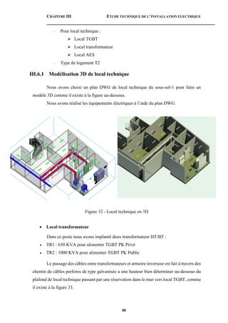 CHAPITRE III ETUDE TECHNIQUE DE L’INSTALLATION ELECTRIQUE
48
- Pour local technique :
 Local TGBT
 Local transformateur
 Local AES
- Type de logement T2
III.6.1 Modélisation 3D de local technique
Nous avons choisi un plan DWG de local technique du sous-sol-1 pour faire un
modèle 3D comme il existe à la figure au-dessous.
Nous avons réalisé les équipements électriques à l’aide du plan DWG
Figure 32 - Local technique en 3D
 Local transformateur
Dans ce poste nous avons implanté deux transformateur HT/BT :
 TR1 : 630 KVA pour alimenter TGBT PK Privé
 TR2 : 1000 KVA pour alimenter TGBT PK Public
Le passage des câbles entre transformateurs et armoire inverseur est fait à travers des
chemin de câbles perfores de type galvanisée a une hauteur bien déterminer au-dessous du
plafond de local technique passant par une réservation dans le mur vers local TGBT, comme
il existe à la figure 33.
 