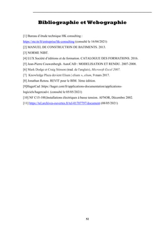 52
Bibliographie et Webographie
[1] Bureau d’étude technique HK consulting :
https://ste.tn/fr/entreprise/hk-consulting (consulté le 16/04/2021)
[2] MANUEL DE CONSTRUCTION DE BATIMENTS. 2013.
[3] NORME NIBT.
[4] LUX Société d’éditions et de formation. CATALOGUE DES FORMATIONS. 2016.
[5] Jean-Pierre Couwenbergh. AutoCAD : MODELISATION ET RENDU. 2007-2008.
[6] Mark Dodge et Craig Stinson (trad. de l'anglais), Microsoft Excel 2007.
[7] Knowledge Plaza devient Elium | elium », elium, 9 mars 2017.
[8] Jonathan Renou. REVIT pour le BIM. 3éme édition.
[9]HagerCad :https://hager.com/fr/applications-documentation/applications-
logiciels/hagercad-t. (consulté le 05/05/2021)
[10] NF C15-100,Installations électriques à basse tension. AFNOR, Décembre 2002.
[11] https://tel.archives-ouvertes.fr/tel-01707797/document (08/05/2021)
 