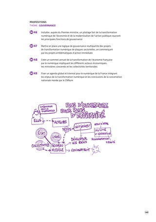 149 
PROPOSITIONS 
THÈME : GOUVERNANCE 
M 46 Installer, auprès du Premier ministre, un pilotage fort de la transformation 
numérique de l’économie et de la modernisation de l’action publique couvrant 
les principales fonctions de gouvernance 
M 47 Mettre en place une logique de gouvernance multipartite des projets 
de transformation numérique de plaques sectorielles, en commençant 
par les projets emblématiques d’action immédiate 
M 48 Créer un sommet annuel de la transformation de l’économie française 
par le numérique impliquant les différents acteurs économiques, 
les ministères concernés et les collectivités territoriales 
M 49 Fixer un agenda global et triennal pour le numérique de la France intégrant 
les enjeux de la transformation numérique et les conclusions de la concertation 
nationale menée par le CNNum 
 