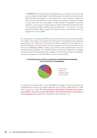 166 TOME 3 POUR UN AGENDA NUMÉRIQUE TRIENNAL Portefeuille de projets première partie 
> L’ADRETS (Association pour le développement en réseau des territoires et des 
services) chargée de développer le réseau des points d’accueil de proximité dans les 
Alpes du Sud, a développé les « visio-rendez-vous » qui consistent à équiper des 
lieux d’accueil de matériels de visioconférence pour mettre en relation les usagers 
en zone isolée avec un service public en milieu urbain. Ce dispositif est pensé de 
manière à ce que l’usager et l’agent puissent réaliser l’intégralité des démarches lors 
de cet entretien à distance. Dans le cadre de l’opération « + de services », le conseil 
général des Hautes-Alpes a équipé 25 points de contacts conventionnés avec une 
vingtaine de services publics. 
Les acteurs privés se positionnent faiblement sur le marché des services de proximité faute 
de modèles économiques, à l’exception des fournisseurs de technologies qui investissent 
pour proposer aux collectivités territoriales des cabines multiservices, des logiciels, etc. 
Parmi les initiatives du secteur privé, on peut notamment citer deux nouveaux services 
lancés par le Groupe La Poste : Cohesio, qui consiste à rendre régulièrement visites aux 
personnes isolées, fragilisées et à mobilité réduite, et Facteo dont l’objectif est d’équiper 
tous les facteurs d’un terminal de type smartphone d’ici 2015 pour faciliter les opérations 
courantes et proposer de nouvelles offres au service de la proximité. 
Les initiatives sont foisonnantes ce qui rend difficile le passage à l’échelle des projets et la 
visibilité pour les usagers. Une enquête diligentée lors de l’atelier collaboratif du 1er juillet 
2014 a montré que seules 36% des personnes interrogées estiment que les pou-voirs 
publics ont pris la mesure de l’impact de la transformation numérique et 
l’accompagnent (stimulation de l’écosystème, soutien financier, etc.). 
4% 
29% 
50% 
17% 
Tout 
à 
fait 
d'accord 
Plutôt 
d'accord 
Par9ellement 
d'accord 
Pas 
du 
tout 
d'accord 
LES POUVOIRS PUBLICS ONT PRIS LA MESURE DE LA TRANSFORMATION NUMÉRIQUE 
DE VOTRE SECTEUR ET L'ACCOMPAGNENT 
 