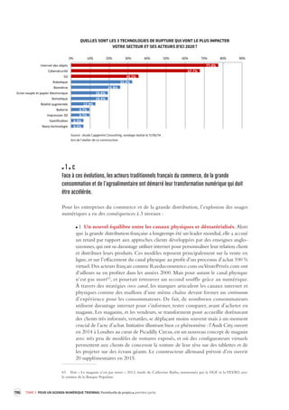 196 TOME 3 POUR UN AGENDA NUMÉRIQUE TRIENNAL Portefeuille de projets première partie 
1 c 
Face à ces é volutions, les acteurs traditionnels français du commerce, de la grande 
consommation et de l’agr oalimentaire ont démarré leur transforma tion numérique qui doit 
être accélérée. 
Pour les entreprises du commerce et de la grande distribution, l’explosion des usages 
numériques a eu des conséquences à 3 niveaux : 
1 Un nouvel équilibre entre les canaux physiques et dématérialisés. Alors 
que la grande distribution française a longtemps été un leader mondial, elle a accusé 
un retard par rapport aux approches clients développées par des enseignes anglo-saxonnes, 
qui ont su davantage utiliser internet pour personnaliser leur relation client 
et distribuer leurs produits. Ces modèles reposent principalement sur la vente en 
ligne, et sur l’effacement du canal physique au profit d’un processus d’achat 100 % 
virtuel. Des acteurs français comme Rueducommerce.com ou VentePrivée.com ont 
d’ailleurs su en profiter dans les années 2000. Mais pour autant le canal physique 
n’est pas mort63, et pourrait retrouver un second souffle grâce au numérique. 
À travers des stratégies cross canal, les marques articulent les canaux internet et 
physiques comme des maillons d’une même chaîne devant former un continuum 
d’expérience pour les consommateurs. De fait, de nombreux consommateurs 
utilisent davantage internet pour s’informer, tester comparer, avant d’acheter en 
magasin. Les magasins, et les vendeurs, se transforment pour accueillir dorénavant 
des clients très informés, versatiles, se déplaçant moins souvent mais à un moment 
crucial de l’acte d’achat. Initiative illustrant bien ce phénomène : l’Audi City, ouvert 
en 2014 à Londres au coeur de Picadilly Circus, est un nouveau concept de magasin 
avec très peu de modèles de voitures exposés, et où des configurateurs virtuels 
permettent aux clients de concevoir la voiture de leur rêve sur des tablettes et de 
les projeter sur des écrans géants. Le constructeur allemand prévoit d’en ouvrir 
20 supplémentaires en 2015. 
63 Voir « Le magasin n’est pas mort », 2013, étude de Catherine Barba, missionnée par la DGE et la FEVAD, avec 
le soutien de la Banque Populaire 
77,4% 
67,7% 
35,5% 
32,3% 
25,8% 
19,4% 
19,4% 
12,9% 
9,7% 
9,7% 
6,5% 
6,5% 
0% 
10% 
20% 
30% 
40% 
50% 
60% 
70% 
80% 
90% 
Internet 
des 
objets 
Cybersécurité 
5G 
Robo?que 
Biométrie 
Ecran 
souple 
et 
papier 
électronique 
Domo?que 
Réalité 
augmentée 
BaIerie 
Impression 
3D 
Gamifica?on 
Nano-­‐technologie 
Quelles 
sont 
les 
3 
technologies 
de 
rupture 
qui 
vont 
le 
plus 
impacter 
votre 
secteur 
et 
ses 
acteurs 
d'ici 
2020 
? 
Source : étude Capgemini Consulting, sondage réalisé le 11/06/14 
lors de l'atelier de co-construction 
QUELLES SONT LES 3 TECHNOLOGIES DE RUPTURE QUI VONT LE PLUS IMPACTER 
VOTRE SECTEUR ET SES ACTEURS D'ICI 2020 ? 
 