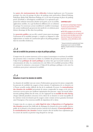 213 
Les parcs de stationnement des véhicules évoluent également vers l’économie 
partagée. 
Les sites de partage de place de parking entre particuliers (Shared Parking, 
Parkadom, Moby Park, Monsieur Parking, etc.) et les sites de partage de places de parking 
privés (ZenPark) se développent sensiblement. Ces opérateurs pro-posent 
des solutions innovantes (boitier sur la porte, accès via mobile, 
applications mobiles, etc.) qui facilitent la diffusion de ces solutions 
de partage. Ces nouveaux acteurs modifient le modèle économique 
des acteurs traditionnels qui peuvent tirer profit de ces solutions pour 
drainer davantage de flux dans leur parking. 
Les pouvoirs publics ont un rôle central à jouer pour encourager 
l’avènement de la mobilité partagée y compris en adaptant le cadre 
réglementaire en matière de construction (places de parking partagées 
dans les nouvelles résidences). 
2 d 
Faire de la mobilité des per sonnes un enjeu de politique publique . 
Compte tenu de sa nature transverse et de ses enjeux économiques et sociétaux, la mobilité 
des personnes doit se structurer en filière. La mobilité des personnes pourrait ainsi faire 
l’objet d’une politique de santé publique au même titre que la sécurité routière ou la 
consommation de tabac. La construction de cette filière de la mobilité permettra à l’État 
de soutenir les initiatives concourant à l’objectif de politique publique et de créer les 
conditions pour penser autrement la mobilité. 
2 e 
Mutualiser et ouvrir les données de mobilité . 
Les données de mobilité sont une source d’information qui permet de mieux comprendre 
les parcours de mobilité des usagers et leurs attentes. L’exploitation de ces données est 
à l’heure actuelle rendue difficile du fait de la multitude d’acteurs. La mutualisation 
des données de mobilité permettrait de mieux comprendre les usages et de créer de 
nouveaux services pour une meilleure optimisation des parcours : espace de travail, infras-tructure, 
parking, habitat, lieu de vente, etc. En s’appuyant sur un modèle de value sharing, 
chaque individu prendrait conscience de la valeur de ses données et serait susceptible de 
les valoriser (vente de données par les usagers contre certains services gratuits), favorisant 
ainsi l’émergence d’un nouveau modèle de répartition de la valeur. 
Compte tenu de ces enjeux, un cadre légal de mise à disposition et d’agrégation 
des données pourrait être établi afin de distinguer les données de service public (service 
public de la donnée) et les données privées (marché de la donnée). L’interopérabilité et 
la standardisation des données seraient assurées afin de faciliter leur exploitation par 
les acteurs du marché au premier rang desquels les start-ups. 
CHIFFRES-CLÉS*1 
1 voiture en autopartage remplace 
9 voitures personnelles et libère 
8 places de stationnement 
400 000 voyageurs ont utilisé les 
services de BlaBlaCar lors du week-end 
de chassé croisé de début août 2014, 
dans les 12 pays où l’entreprise est 
implantée, contre 200 000 en 2013 
* Bureau de recherche en partenariat avec France 
Autopartage et avec le soutien de l’ADEME 
BlaBlaCar, Enquête nationale sur l’Autopartage 
2012 -6T 
 