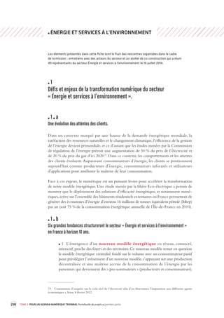 238 TOME 3 POUR UN AGENDA NUMÉRIQUE TRIENNAL Portefeuille de projets première partie 
ÉNERGIE ET SERVICES À L'ENVIRONNEMENT 
Les éléments présentés dans cette fiche sont le fruit des rencontres organisées dans le cadre 
de la mission : entretiens avec des acteurs du secteur et un atelier de co-construction qui a réuni 
49 représentants du secteur Énergie et services à l’environnement le 10 juillet 2014. 
1 
Défis et enjeux de la transforma tion numérique du secteur 
« Énergie et services à l’environnement ». 
1 a 
Une évolution des attentes des clients. 
Dans un contexte marqué par une hausse de la demande énergétique mondiale, la 
raréfaction 
des ressources naturelles et le changement climatique, l’efficience de la gestion 
de l’énergie devient primordiale, et ce d’autant que les études menées par la Commission 
de régulation de l’énergie prévoit une augmentation de 50 % du prix de l’électricité et 
de 20 % du prix du gaz d’ici 202073. Dans ce contexte, les comportements et les attentes 
des clients évoluent. Auparavant consommateurs d’énergie, les clients se positionnent 
aujourd’hui comme producteurs d’énergie, consommateurs informés et utilisateurs 
d’applications pour améliorer la maîtrise de leur consommation. 
Face à ces enjeux, le numérique est un puissant levier pour accélérer la transformation 
de notre modèle énergétique. Une étude menée par la filière Eco-électrique a permis de 
montrer que le déploiement des solutions d’efficacité énergétique, et notamment numé-riques, 
active sur l’ensemble des bâtiments résidentiels et tertiaires en France permettrait de 
générer des économies d’énergie d’environ 16 millions de tonnes équivalent pétrole (Mtep) 
par an (soit 75 % de la consommation énergétique annuelle de l’Île-de-France en 2010). 
1 b 
Six grandes tendances structurer ont le secteur « Énergie et services à l’environnement » 
en France à horizon 10 ans. 
1 L’émergence d’un nouveau modèle énergétique en réseau, connecté, 
interactif, proche des foyers et des territoires. Ce nouveau modèle remet en question 
le modèle énergétique centralisé fondé sur le volume avec un consommateur passif 
pour privilégier l’avènement d’un nouveau modèle, s’appuyant sur une production 
décentralisée et une maîtrise accrue de la consommation de l’énergie par les 
personnes qui deviennent des « pro-sommateurs » (producteurs et consommateurs). 
73 Commission d’enquête sur le coût réel de l’électricité afin d’en déterminer l’imputation aux différents agents 
économiques », Sénat, 8 février 2012. 
 