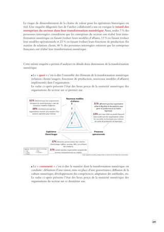 241 
Le risque de démembrement de la chaîne de valeur pour les opérateurs historiques est 
réel. Une enquête diligentée lors de l’atelier collaboratif a mis en exergue le retard des 
entreprises du secteur dans leur transformation numérique. Ainsi, seules 7 % des 
personnes interrogées considèrent que les entreprises du secteur ont réalisé leur trans-formation 
numérique en faisant évoluer leurs modèles d’affaires, 13 % en faisant évoluer 
leur modèles opérationnels et 23 % en faisant évoluer leurs fonctions de production. En 
matière de relations clients, 46 % des personnes interrogées estiment que les entreprises 
françaises ont réalisé leur transformation numérique. 
Cette même enquête a permis d’analyser en détails deux dimensions de la transformation 
numérique. 
Le « quoi » c’est-à-dire l’ensemble des éléments de la transformation numérique 
(relation clients/usagers, fonctions de production, nouveaux modèles d’affaires) 
implémentés dans l’organisation. 
Le radar ci-après présente l’état des lieux perçu de la maturité numérique des 
organisations du secteur sur ce premier axe. 
Le « comment » c’est-à-dire la manière dont la transformation numérique est 
conduite : définition d’une vision, mise en place d’une gouvernance, diffusion de la 
culture numérique, développement des compétences, adaptation des méthodes, etc. 
Le radar ci-après présente l’état des lieux perçu de la maturité numérique des 
organisations du secteur sur ce deuxième axe. 
 