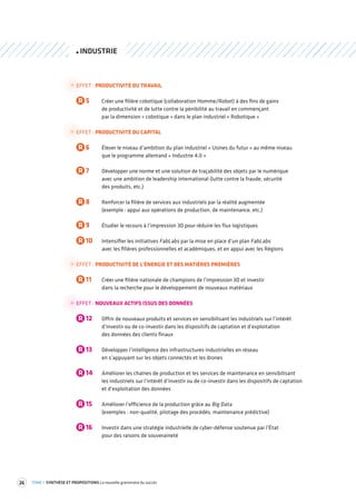 26 TOME 1 SYNTHÈSE ET PROPOSITIONS La nouvelle grammaire du succès 
INDUSTRIE 
EFFET : PRODUCTIVITÉ DU TRAVAIL 
R 5 Créer une filière cobotique (collaboration Homme/Robot) à des fins de gains 
de productivité et de lutte contre la pénibilité au travail en commençant 
par la dimension « cobotique » dans le plan industriel « Robotique » 
EFFET : PRODUCTIVITÉ DU CAPITAL 
R 6 Élever le niveau d’ambition du plan industriel « Usines du futur » au même niveau 
que le programme allemand « Industrie 4.0 » 
R 7 Développer une norme et une solution de traçabilité des objets par le numérique 
avec une ambition de leadership international (lutte contre la fraude, sécurité 
des produits, etc.) 
R 8 Renforcer la filière de services aux industriels par la réalité augmentée 
(exemple : appui aux opérations de production, de maintenance, etc.) 
R 9 Étudier le recours à l’impression 3D pour réduire les flux logistiques 
R 10 Intensifier les initiatives FabLabs par la mise en place d’un plan FabLabs 
avec les filières professionnelles et académiques, et en appui avec les Régions 
EFFET : PRODUCTIVITÉ DE L'ÉNERGIE ET DES MATIÈRES PREMIÈRES 
R 11 Créer une filière nationale de champions de l’impression 3D et investir 
dans la recherche pour le développement de nouveaux matériaux 
EFFET : NOUVEAUX ACTIFS ISSUS DES DONNÉES 
R 12 Offrir de nouveaux produits et services en sensibilisant les industriels sur l’intérêt 
d’investir ou de co-investir dans les dispositifs de captation et d’exploitation 
des données des clients finaux 
R 13 Développer l’intelligence des infrastructures industrielles en réseau 
en s’appuyant sur les objets connectés et les drones 
R 14 Améliorer les chaînes de production et les services de maintenance en sensibilisant 
les industriels sur l’intérêt d’investir ou de co-investir dans les dispositifs de captation 
et d’exploitation des données 
R 15 Améliorer l’efficience de la production grâce au Big Data 
(exemples : non-qualité, pilotage des procédés, maintenance prédictive) 
R 16 Investir dans une stratégie industrielle de cyber-défense soutenue par l’État 
pour des raisons de souveraineté 
 