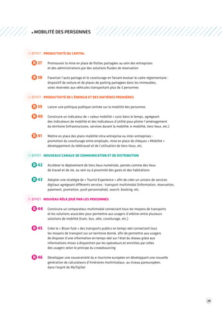 29 
MOBILITÉ DES PERSONNES 
EFFET : PRODUCTIVITÉ DU CAPITAL 
R 37 Promouvoir la mise en place de flottes partagées au sein des entreprises 
et des administrations par des solutions fluides de réservation 
R 38 Favoriser l’auto partage et le covoiturage en faisant évoluer le cadre réglementaire : 
dispositif de voiture et de places de parking partagées dans les immeubles, 
voies réservées aux véhicules transportant plus de 3 personnes 
EFFET : PRODUCTIVITÉ DE L'ÉNERGIE ET DES MATIÈRES PREMIÈRES 
R 39 Lancer une politique publique centrée sur la mobilité des personnes 
R 40 Construire un indicateur de « valeur mobilité » suivi dans le temps, agrégeant 
des indicateurs de mobilité et des indicateurs d’utilité pour piloter l’aménagement 
du territoire (infrastructures, services durant la mobilité, e-mobilité, tiers lieux, etc.) 
R 41 Mettre en place des plans mobilité intra-entreprise ou inter-entreprises : 
promotion du covoiturage entre employés, mise en place de chèques « Mobilité » 
développement du télétravail et de l’utilisation de tiers-lieux, etc. 
EFFET : NOUVEAUX CANAUX DE COMMUNICATION ET DE DISTRIBUTION 
R 42 Accélérer le déploiement de tiers lieux numérisés, pensés comme des lieux 
de travail et de vie, au sein ou à proximité des gares et des habitations 
R 43 Adopter une stratégie de « Tourist Experience » afin de créer un univers de services 
digitaux agrégeant différents services : transport multimodal (information, réservation, 
paiement, promotion, push personnalisé), search, booking, etc. 
EFFET : NOUVEAU RÔLE JOUÉ PAR LES PERSONNES 
R 44 Construire un comparateur multimodal connectant tous les moyens de transports 
et les solutions associées pour permettre aux usagers d’arbitrer entre plusieurs 
solutions de mobilité (train, bus, vélo, covoiturage, etc.) 
R 45 Créer le « Bison futé » des transports publics en temps réel connectant tous 
les moyens de transport sur un territoire donné, afin de permettre aux usagers 
de disposer d’une information en temps réel sur l’état du réseau grâce aux 
informations mises à disposition par les opérateurs et enrichies par celles 
des usagers selon le principe du crowdsourcing 
R 46 Développer une souveraineté du e-tourisme européen en développant une nouvelle 
génération de calculateurs d’itinéraires multimodaux, au niveau paneuropéen, 
dans l’esprit de MyTripSet 
 
