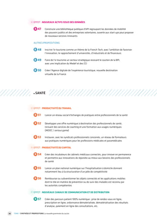 30 TOME 1 SYNTHÈSE ET PROPOSITIONS La nouvelle grammaire du succès 
EFFET : NOUVEAUX ACTIFS ISSUS DES DONNÉES 
R 47 Construire une bibliothèque publique d’API regroupant les données de mobilité 
des pouvoirs publics et des entreprises volontaires, ouverte aux start-ups pour proposer 
de nouveaux services innovants 
AUTRES PROPOSITIONS 
R 48 Inscrire l’e-tourisme comme un thème de la French Tech, avec l’ambition de favoriser 
l’innovation, le rapprochement d’universités, d’industriels et de financeurs 
R 49 Faire de l’e-tourisme un secteur stratégique recevant le soutien de la BPI, 
avec une implication du Medef et des CCI 
R 50 Créer l’Agence digitale de l’expérience touristique, nouvelle destination 
virtuelle de la France 
SANTÉ 
EFFET : PRODUCTIVITÉ DU TRAVAIL 
R 51 Lancer un réseau social d’échanges de pratiques entre professionnels de la santé 
R 52 Développer une offre numérique à destination des professionnels de santé, 
incluant des services de coaching et une formation aux usages numériques 
(MOOC / serious game) 
R 53 Instaurer, avec les syndicats professionnels concernés, un réseau de formateurs 
aux pratiques numériques pour les professions médicales et paramédicales 
EFFET : PRODUCTIVITÉ DU CAPITAL 
R 54 Créer des incubateurs de cabinets médicaux connectés, pour innover en permanence 
et permettre aux innovations de répondre au mieux aux besoins des professionnels 
de santé 
R 55 Lancer un plan national numérique sur l’hospitalisation à domicile donnant 
notamment lieu à la structuration d’un pôle de compétitivité 
R 56 Rembourser ou subventionner les objets connectés et les applications mobiles 
dont le rôle en matière de prévention ou de suivi des malades est reconnu par 
les autorités compétentes 
EFFET : NOUVEAUX CANAUX DE COMMUNICATION ET DE DISTRIBUTION 
R 57 Créer des parcours patient 100% numérique : prise de rendez-vous en ligne, 
prescription en ligne, ordonnance dématérialisée, dématérialisation des résultats 
d’analyse, paiement en ligne des consultations, etc. 
 