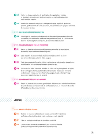 31 
R 58 Mettre en place une solution de labellisation des applications mobiles 
et des objets connectés dont le rôle est reconnu en matière de prévention 
ou de suivi des malades 
R 59 Promouvoir la création d’espaces d’échanges virtuels et physiques réunissant 
patients, professionnels de santé, assureurs, industriels et start-ups pour construire 
de nouveaux services 
EFFET : BAISSE DES COÛTS DE TRANSACTION 
R 60 Encourager les communautés de patients de maladies orphelines à se constituer 
sur internet, à s’insérer dans des filières d’expertise et de soins, et à jouer un rôle 
dans les études de pharmacovigilance, de recherche et d’évaluation 
EFFET : NOUVEAU RÔLE JOUÉ PAR LES PERSONNES 
R 61 Mettre en place des solutions numériques pour rapprocher les associations 
de patients et les communautés de soignants 
R 62 Créer des sites de classement des établissements de santé et les ouvrir 
aux commentaires des patients et des usagers 
R 63 Créer des modules de formation (MOOC / serious game) à destination des patients : 
sensibilisation sur certaines pathologies, prévention, etc. 
R 64 Structurer une filière autour des données de santé dans le prolongement du projet 
de loi sur l’organisation du système de santé pour créer des services innovants 
en distinguant l’usage pour la recherche, l’usage pour la prévention et l’usage 
pour rendre le patient acteur de sa santé 
EFFET : NOUVEAUX ACTIFS ISSUS DES DONNÉES 
R 65 Mettre en place des procédures d’agrément des chercheurs aux données individuelles 
de santé dans des environnements de confiance sécurisés, en s’inspirant du Centre 
d’Accès Sécurisé Distant aux Données 
EMPLOI 
EFFET : PRODUCTIVITÉ DU TRAVAIL 
R 66 Élaborer un nouveau cadre de travail adapté aux nouvelles trajectoires 
professionnelles (multi-projets, multi-employeurs, multi-statuts) 
R 67 Créer un passeport numérique de compétences certifié 
R 68 Construire des services de bout en bout pour faciliter la mobilité 
professionnelle en enrichissant l’information disponible 
 