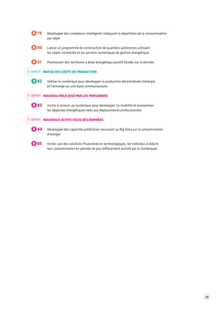 33 
R 79 Développer des compteurs intelligents indiquant la répartition de la consommation 
par objet 
R 80 Lancer un programme de construction de quartiers autonomes utilisant 
les objets connectés et les services numériques de gestion énergétique 
R 81 Promouvoir des territoires à bilan énergétique positif fondés sur la donnée 
EFFET : BAISSE DES COÛTS DE PRODUCTION 
R 82 Utiliser le numérique pour développer la production décentralisée d’énergie 
et l’échange sur une base communautaire 
EFFET : NOUVEAU RÔLE JOUÉ PAR LES PERSONNES 
R 83 Inciter à recourir au numérique pour développer l’e-mobilité et économiser 
les dépenses énergétiques liées aux déplacements professionnels 
EFFET : NOUVEAUX ACTIFS ISSUS DES DONNÉES 
R 84 Développer des capacités prédictives recourant au Big Data sur la consommation 
d’énergie 
R 85 Inciter, par des solutions financières et technologiques, les individus à réduire 
leur consommation en période de pics (effacement assisté par le numérique) 
 