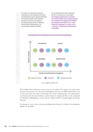 54 TOME 2 RAPPORT La transformation numérique de l’économie française première partie 
En croisant un indicateur de maturité 
numérique avec des indicateurs financiers, 
l’étude démontre que les digirati obtiennent 
des résultats financiers bien meilleurs 
que leurs concurrents : par rapport à 
la moyenne de leur secteur, ils génèrent 
6% de chiffre d’affaire de plus, ont 
une rentabilité supérieure de 26%, 
et une valorisation boursière supérieure 
de 12%. Les résultats sont sans appel : 
les entreprises fashionistas accroissent 
leur chiffre d’affaire mais n’augmentent pas 
leur rentabilité. Pour gagner en rentabilité, 
une entreprise doit investir sur le « quoi » 
(intensité numérique), et, surtout, sur le 
« comment » (intensité de transformation 
numérique). 
PERFORMANCE DES ENTREPRISES SELON LEUR MATURITÉ NUMÉRIQUE 
Intensité numérique 
BEGINNERS 
FASHIONISTAS 
CONSERVATIVES 
DIGIRATI 
+6% 
-7% -10% +9% +7% 
I ntensité de transformation du management 
-11% -12% +9% +26% +12% 
-4% -24% 
Création de revenus Profitabilité Valorisation boursière 
À des degrés divers, plusieurs acteurs courent vite, même s‘ils courent eux aussi moins 
vite que les personnes : les start-ups technologiques, bien sûr ; les PME industrielles et de 
services qui savent voir dans le numérique une source d’opportunités ; les organisations 
sans but lucratif, de type fondation, opérant dans les champs du libre et du coopératif 
(cf. Mozilla ou Wikipédia) ; et bien sûr les célèbres GAFA : Google, Apple, Facebook, 
Amazon. 
Le paysage de cette course n’est pas spécifiquement français. La réalité de la disruption 
digitale est mondiale. 
Source : Capgemini Consulting - MIT 
 