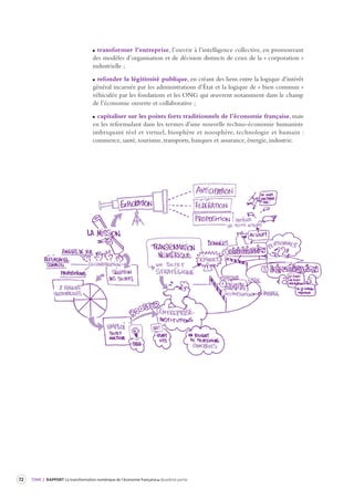72 TOME 2 RAPPORT La transformation numérique de l’économie française deuxième partie 
transformer l’entreprise, l’ouvrir à l’intelligence collective, en promouvant 
des modèles d’organisation et de décision distincts de ceux de la « corporation » 
industrielle ; 
refonder la légitimité publique, en créant des liens entre la logique d’intérêt 
général incarnée par les administrations d’État et la logique de « bien commun » 
véhiculée par les fondations et les ONG qui oeuvrent notamment dans le champ 
de l’économie ouverte et collaborative ; 
capitaliser sur les points forts traditionnels de l’économie française, mais 
en les reformulant dans les termes d’une nouvelle techno-économie humaniste 
imbriquant réel et virtuel, biosphère et noosphère, technologie et humain : 
commerce, santé, tourisme, transports, banques et assurance, énergie, industrie. 
 