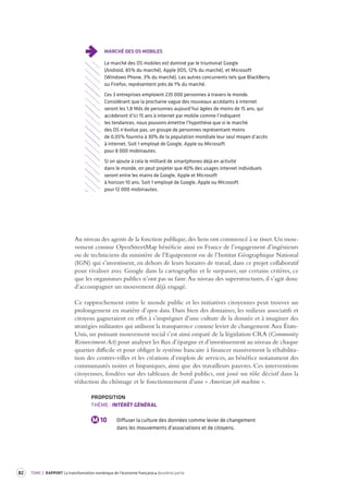 82 TOME 2 RAPPORT La transformation numérique de l’économie française deuxième partie 
MARCHÉ DES OS MOBILES 
Le marché des OS mobiles est dominé par le triumvirat Google 
(Androïd, 85% du marché), Apple (IOS, 12% du marché), et Microsoft 
(Windows Phone, 3% du marché). Les autres concurrents tels que BlackBerry 
ou Firefox, représentent près de 1% du marché. 
Ces 3 entreprises emploient 235 000 personnes à travers le monde. 
Considérant que la prochaine vague des nouveaux accédants à internet 
seront les 1,8 Mds de personnes aujourd’hui âgées de moins de 15 ans, qui 
accèderont d’ici 15 ans à internet par mobile comme l’indiquent 
les tendances, nous pouvons émettre l’hypothèse que si le marché 
des OS n’évolue pas, un groupe de personnes représentant moins 
de 0,05% fournira à 30% de la population mondiale leur seul moyen d’accès 
à internet. Soit 1 employé de Google, Apple ou Microsoft 
pour 8 000 mobinautes. 
Si on ajoute à cela le milliard de smartphones déjà en activité 
dans le monde, on peut projeter que 40% des usages internet individuels 
seront entre les mains de Google, Apple et Microsoft 
à horizon 10 ans. Soit 1 employé de Google, Apple ou Microsoft 
pour 12 000 mobinautes. 
Au niveau des agents de la fonction publique, des liens ont commencé à se tisser. Un mou-vement 
comme OpenStreetMap bénéficie ainsi en France de l’engagement d’ingénieurs 
ou de techniciens du ministère de l’Equipement ou de l’Institut Géographique National 
(IGN) qui s’investissent, en dehors de leurs horaires de travail, dans ce projet collaboratif 
pour rivaliser avec Google dans la cartographie et le surpasser, sur certains critères, ce 
que les organismes publics n’ont pas su faire. Au niveau des superstructures, il s’agit donc 
d’accompagner un mouvement déjà engagé. 
Ce rapprochement entre le monde public et les initiatives citoyennes peut trouver un 
prolongement en matière d’open data. Dans bien des domaines, les milieux associatifs et 
citoyens gagneraient en effet à s’imprégner d’une culture de la donnée et à imaginer des 
stratégies militantes qui utilisent la transparence comme levier de changement. Aux États- 
Unis, un puissant mouvement social s’est ainsi emparé de la législation CRA (Community 
Reinvestment Act) pour analyser les flux d’épargne et d’investissement au niveau de chaque 
quartier difficile et pour obliger le système bancaire à financer massivement la réhabilita-tion 
des centres-villes et les créations d’emplois de services, au bénéfice notamment des 
communautés noires et hispaniques, ainsi que des travailleurs pauvres. Ces interventions 
citoyennes, fondées sur des tableaux de bord publics, ont joué un rôle décisif dans la 
réduction du chômage et le fonctionnement d’une « American job machine ». 
PROPOSITION 
THÈME : INTÉRÊT GÉNÉRAL 
M 10 Diffuser la culture des données comme levier de changement 
dans les mouvements d'associations et de citoyens. 
 