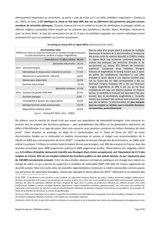 ethniquement majoritaire ou minoritaire, se porte « près de 4 fois sur 5 sur le/la candidat.e majoritaire » (Cediey et
alii, 2007), et donc, à CV identique le choix se fait dans 80% des cas au détriment des personnes perçues comme
membres de minorités ethniques. D'autres travaux ont mis en évidence la part de stéréotypes et préjugés relatifs au
référent religieux susceptible d'être projeté sur les prénoms des candidat.e.s (Aurélie, Marie, Khadidja), montrant là
aussi un écart élevé : le taux de convocation est de 21 % pour la candidate supposée vue comme catholique contre
seulement 8 % pour la candidate vue comme musulmane.
Un testing au niveau BTS en région PACA (Chaintreuil et alii, 2012)
Discrimination nete
(Diférence entre les réponses favorisant le candidat d'origine française
et celles favorisant le candidat d'origine maghrébine)
Ensemble (sur 77 ofres réelles) 40,3%
Spécialités industrielles 34,1%
dont : Electrotechniques

33,3%

Informatique et réseaux pour industrie et services

57,1%

Mécanisme et automatisme industriel

28,6%

Maintenance industrielle

45,5%

Systèmes électronique

-25,0%
Spécialités tertiaires 47,2%

dont : Assistant de gestion PME:PMI

87,5%

Assistant manager

0,0%

Comptabilité et gestion des organisations

50,0%

Management des unités commerciales

16,7%

Négociations relations clients

60,0%

Dans le cadre d'un projet visant à analyser les multiples
dimensions et facteurs de la discrimination à l'embauche
des jeunes sortis du système éducatif, le CEREQ a réalisé
en région PACA une recherche combinant testing et
analyse des pratiques (de recherche d'emploi et de
recrutement) au niveau BTS (Brevet de technicien
supérieur). Comparant deux candidats d'origine
française et maghrébine, le testing montre que, « parmi
les paires de candidatures répondant à une ofre
d'emploi et ayant abouti à une réponse positive pour
l'un ou l'autre des CV, 48% correspondent à des cas
favorisant l'origine française, 8% à des cas favorisant
l'origine maghrébine, et 44% à des cas où les deux
candidatures ont reçu une réponse positive. En d'autres
termes, la candidature française est favorisée 6 fois plus
souvent que la candidature maghrébine. » L'enquête
montre que la plupart des secteurs sont concernés, mais
avec des variations : la discrimination est plus marquée
dans les emplois en relation avec la clientèle (fonctions
commerciales, particulièrement).

Source : Testing BTS-PACA, 2011 - CEREQ

Par ailleurs, tout le marché du travail n'est pas ouvert aux populations de nationalité étrangère. Cela concerne en
premier lieu les emplois des fonctions publiques – avec probablement des efets sur les générations ultérieures, de
déficit d'identification à ce type de poste. Mais cela concerne aussi plusieurs centaines de milliers d'emplois de droit
privé43. Cette situation se prolonge, en dépit de la condamnation par le Traité de Rome de 1957 de toute
discrimination fondée sur la nationalité en matière économique et sociale, et malgré une recommandation de la
HALDE en 2009 puis une proposition de loi en 2010 44. L'enquête du Groupe d'étude des discriminations, en 2000, avait
estimé à quelques 7 millions le nombre total d'emplois fermés aux étrangers, soit 30% des emplois en France. Avec des
données actualisées pour 2008 (organismes publics) et 2009 (organismes privés), l'Observatoire des inégalités estime
que 5,3 millions d’emplois demeurent interdits aux étrangers (hors Union européenne), soit l’équivalent de 21 % des
emplois en France. 85% de ces emplois relèvent des fonctions publics ou des statuts dérivés. Ce qui représente plus
de 130.000 recrutements annuels. Entre les deux études, plusieurs entreprises publiques ont changé leurs statuts ou
changé de statut, ce qui a permis de supprimer la condition de nationalité (RATP, EDF-GDF, Air France, organismes de
sécurité sociale). Mais d'un autre côté, de nouvelles réglementations conduisent à rendre inaccessibles certains postes
aux personnes de nationalité étrangère, comme par exemple le récent décret de 2013 45 réformant le recrutement des
43 En 2009 : 17 professions sont soumises à une condition de nationalité française (huissier de justice, notaire, personnel navigant professionnel,
directeur de publications de presse, concessionnaire de services publics, etc.), 35 le sont à une condition de nationalité communautaire (vétérinaire,
directeur de salles de spectacles, débitant de tabac, dirigeant de régie, etc), et nombre de professions libérales, qui relèvent souvent d'un ordre
professionnel (médecin, avocat, chirurgien-dentiste, sage-femme, expert-comptable, architecte, géomètre-expert, etc.) ont aussi une condition de
nationalité communautaire. Se rajoutent à cela d'autres professions (débitants de boissons, dirigeants d'entreprises de surveillance, de transports de
fonds, de protection de personnes ou encore de gardiennage).
44 En juin 2010, une Proposition de loi visant à supprimer les conditions de nationalité qui restreignent l'accès des travailleurs étrangers à l'exercice
de certaines professions libérales ou privées a été rejetée par l'assemblée nationale
45 Décret n°2013-767 du 23 août 2013 relatif à la réforme du recrutement et de la formation des maîtres des établissements d'enseignement privés

Rapport du groupe « Mobilités sociales »

Page 37/93

 